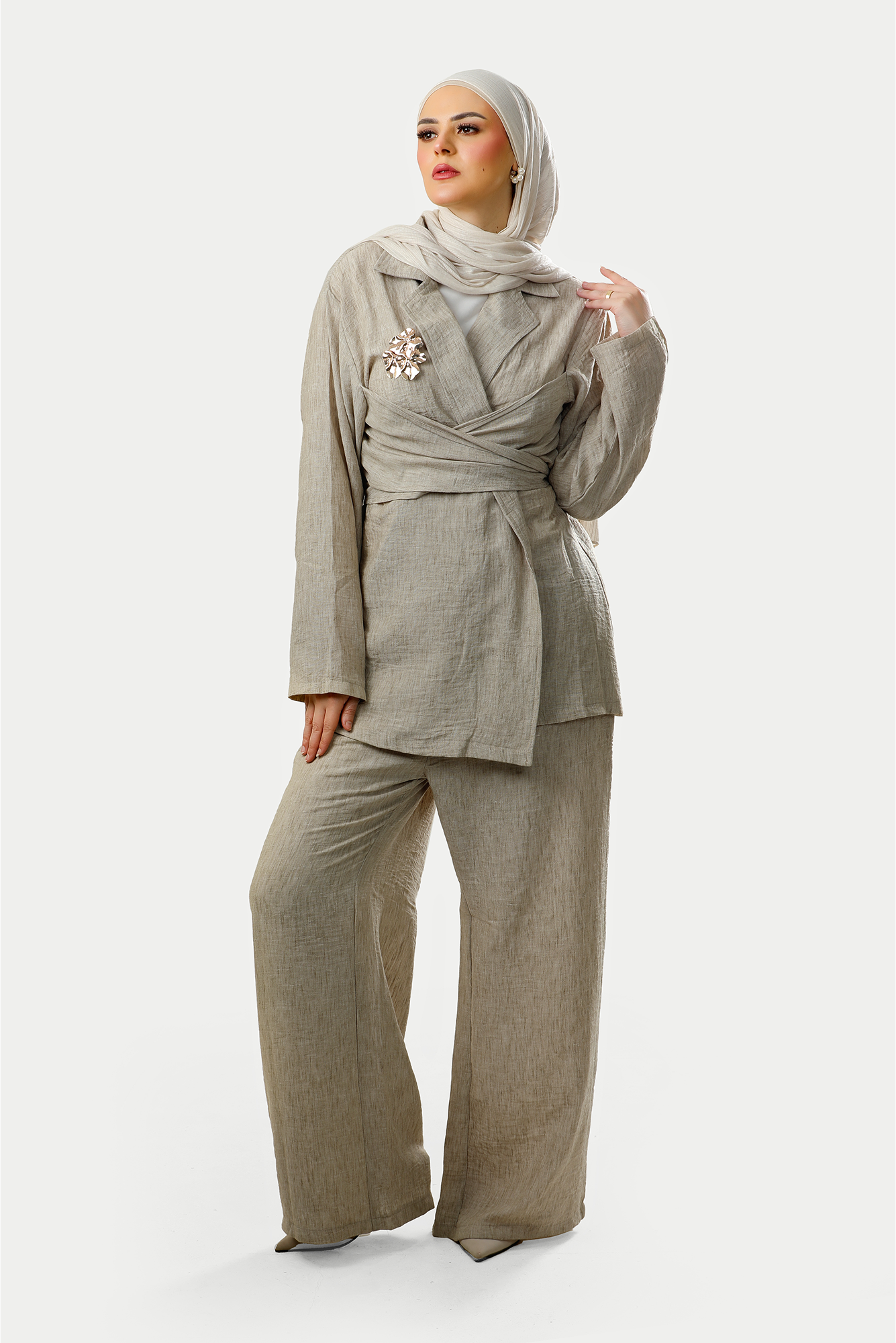 Stone Linen Wrap Co-Ord Set