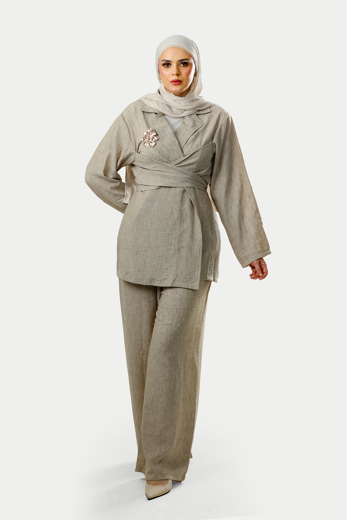 Stone Linen Wrap Co-Ord Set
