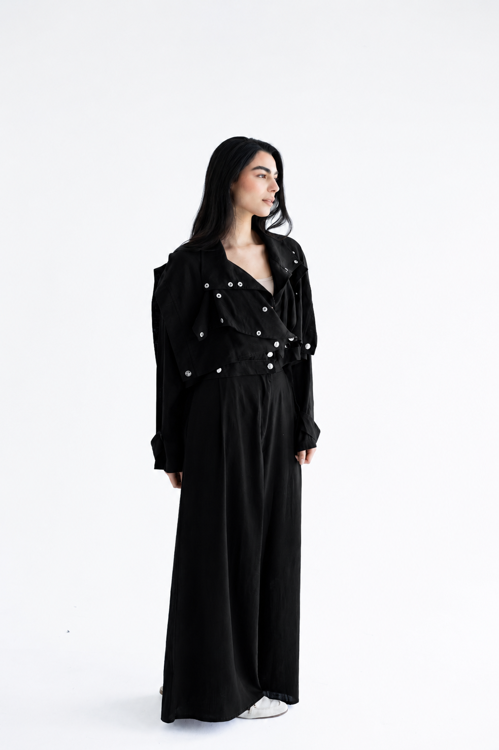 Layered modest set in linen blend – Black