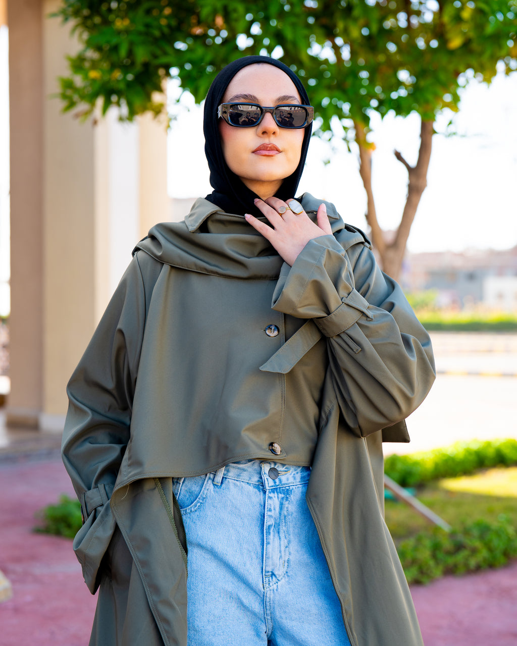 Waterproof Gabardine Trench Coat - Olive