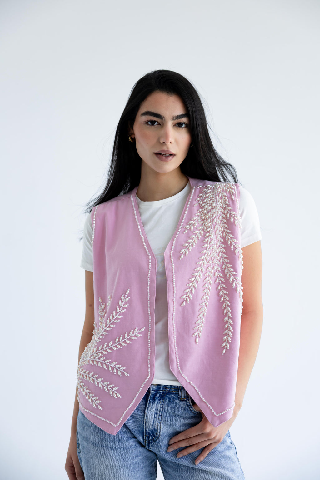 Floral vest in structured cotton - Candy Pink