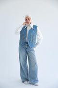 Blossom-beaded vest in chambray cotton - Dusty Blue