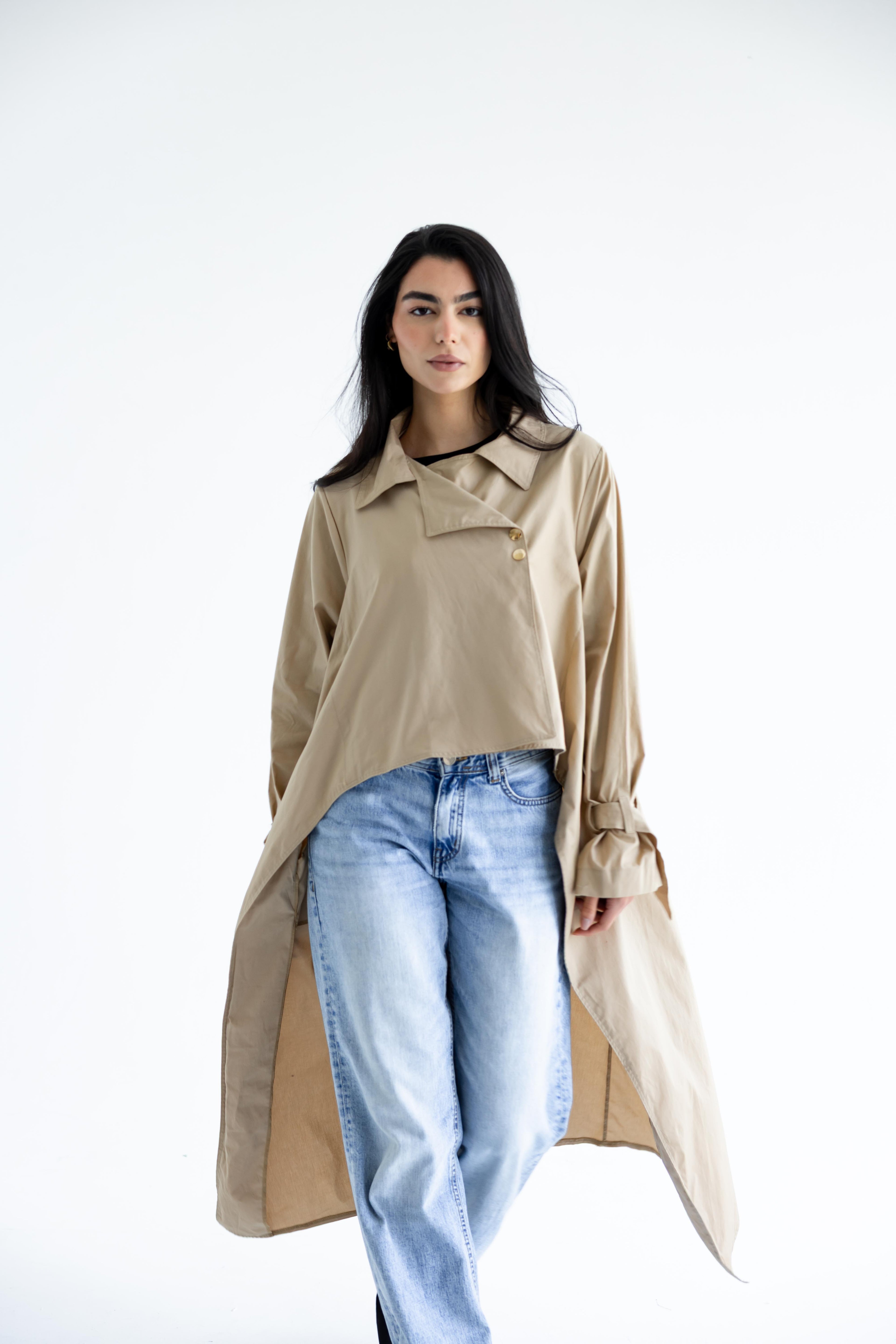 High-low trench shirt in cotton - Beige
