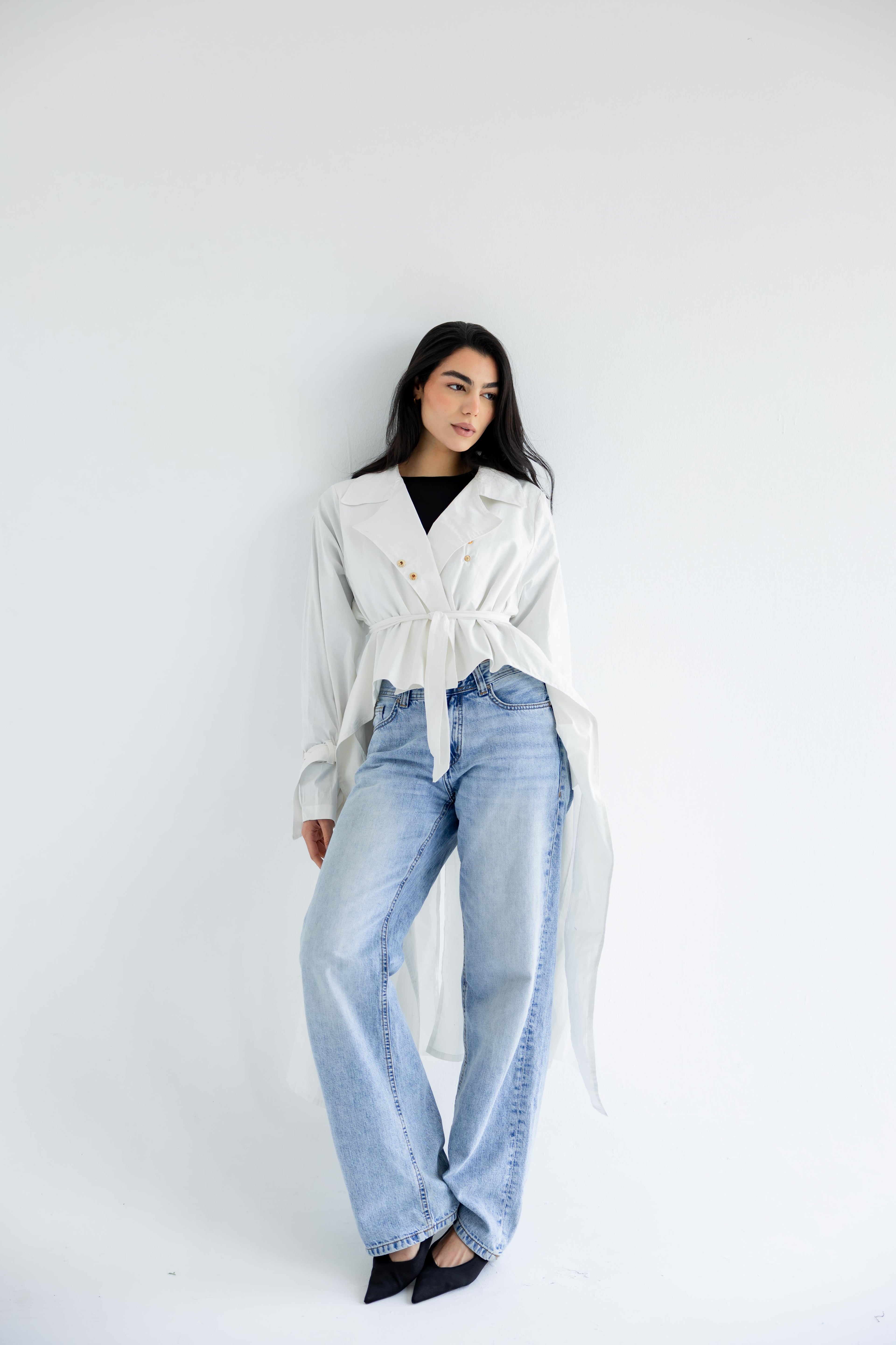 High-low trench shirt in cotton - white