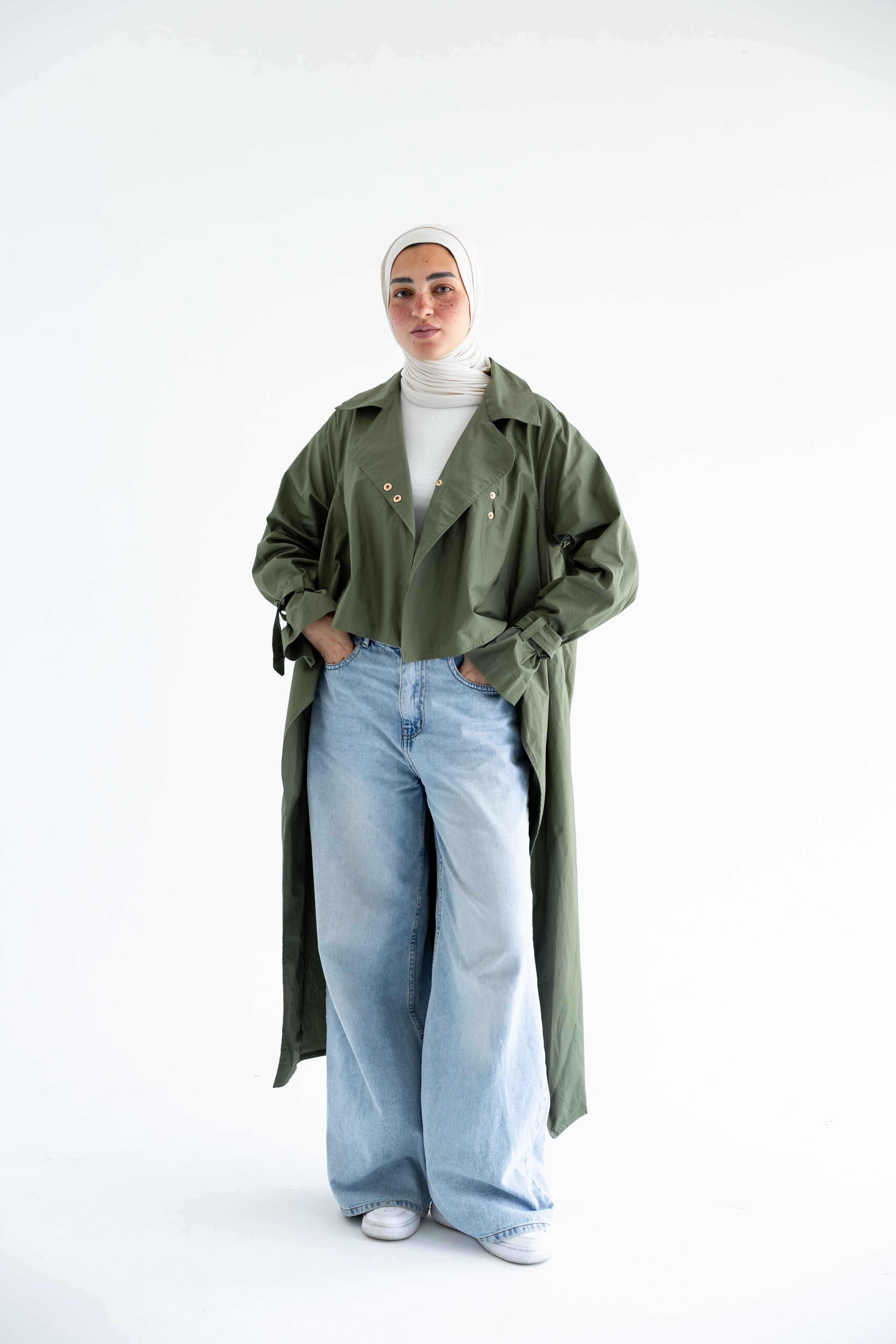 High-low trench shirt in cotton - Olive Green