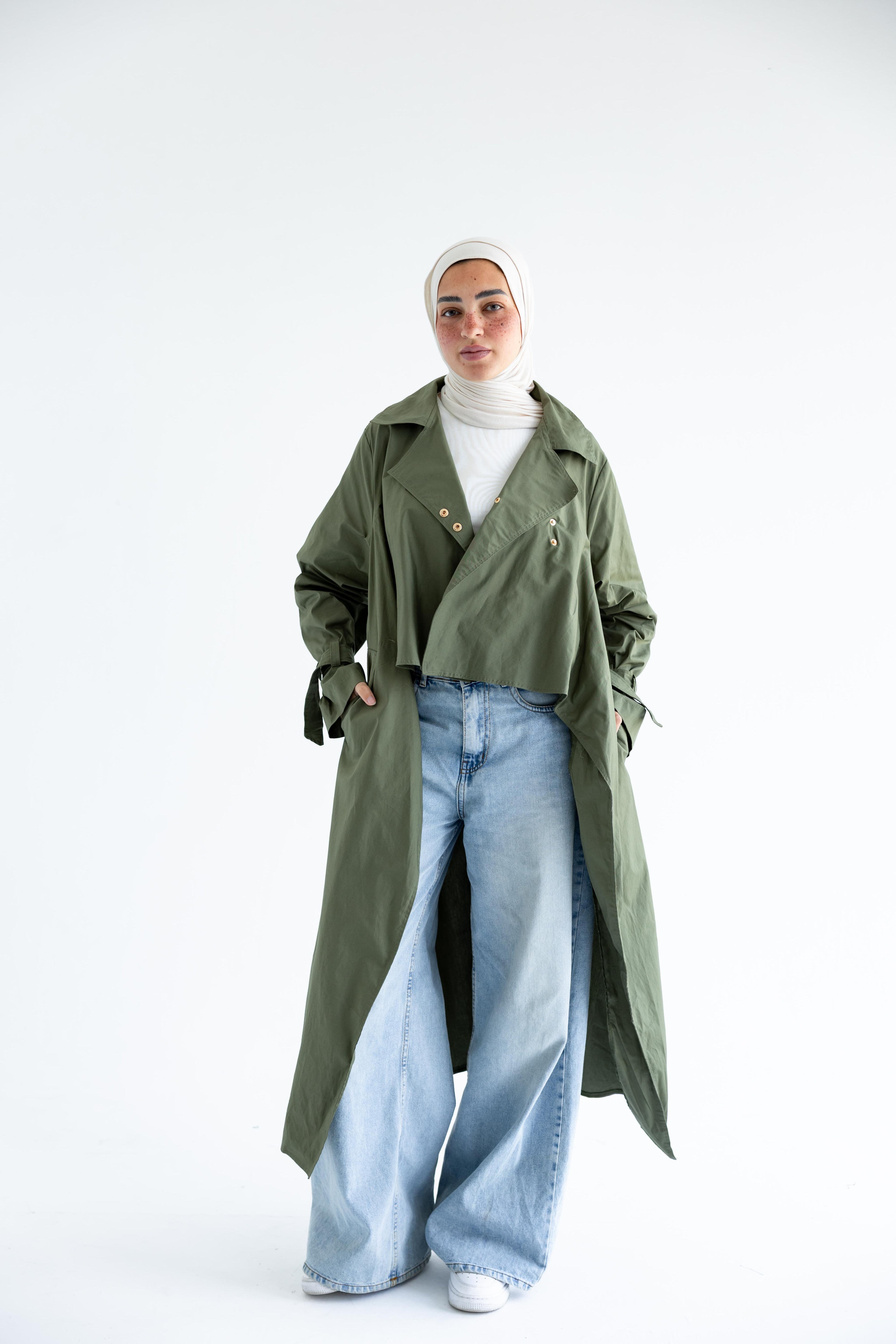 High-low trench shirt in cotton - Olive Green