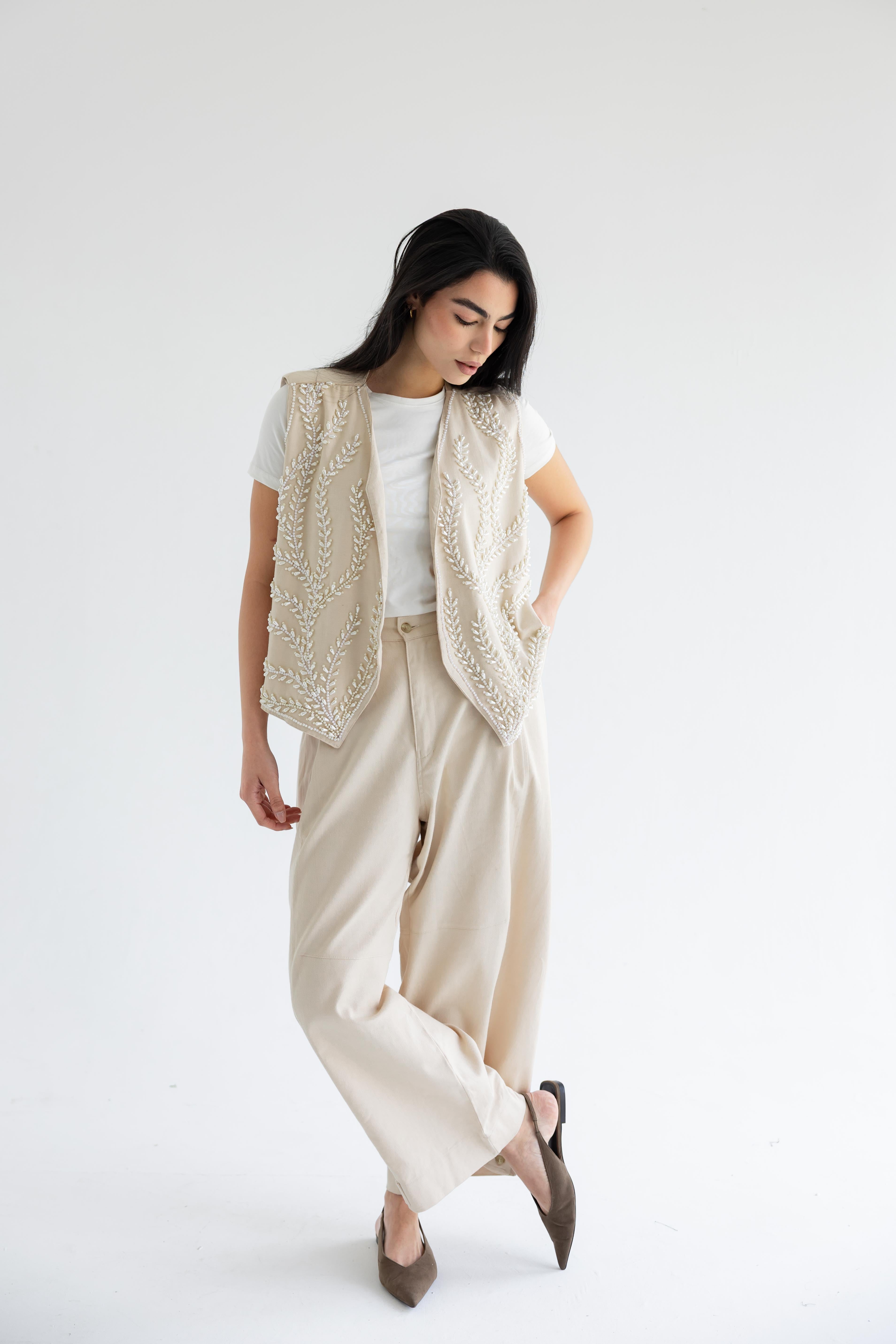 Palm-embroidered set in cotton - Beige
