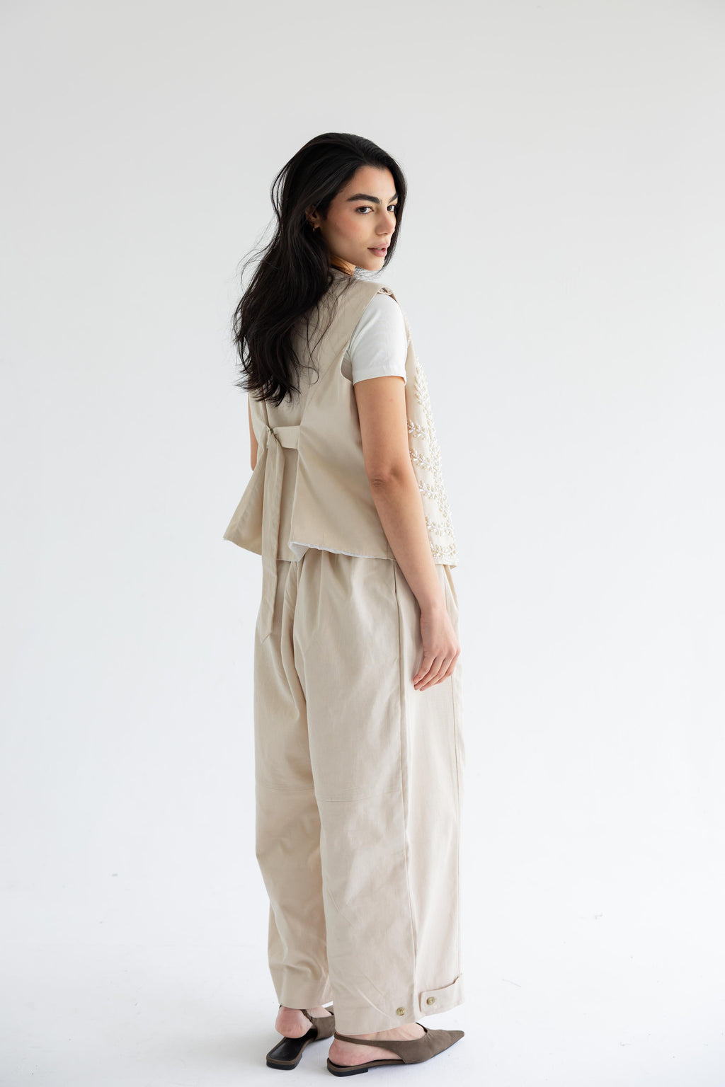 Palm-embroidered set in cotton - Beige