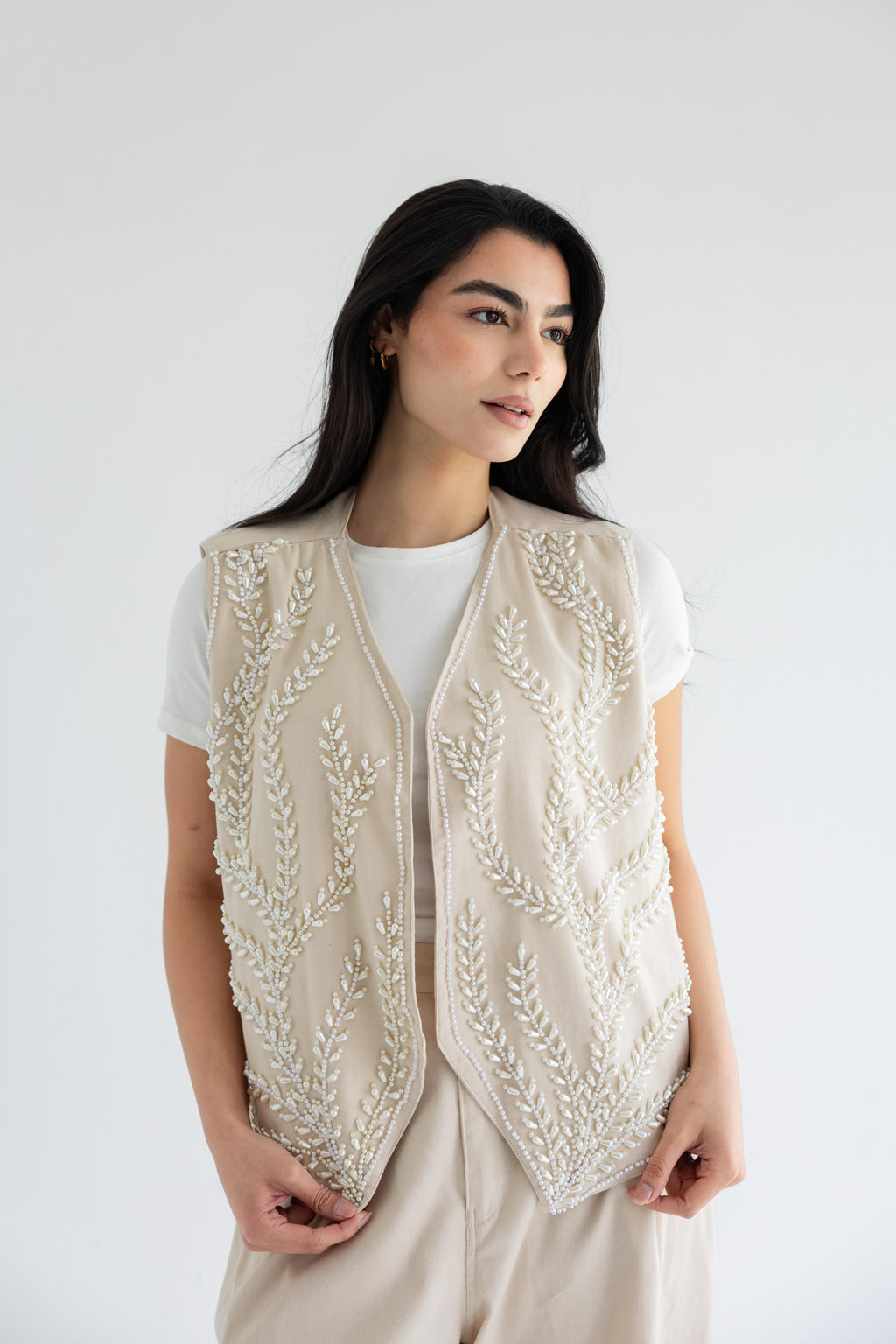 Palm-embroidered set in cotton - Beige