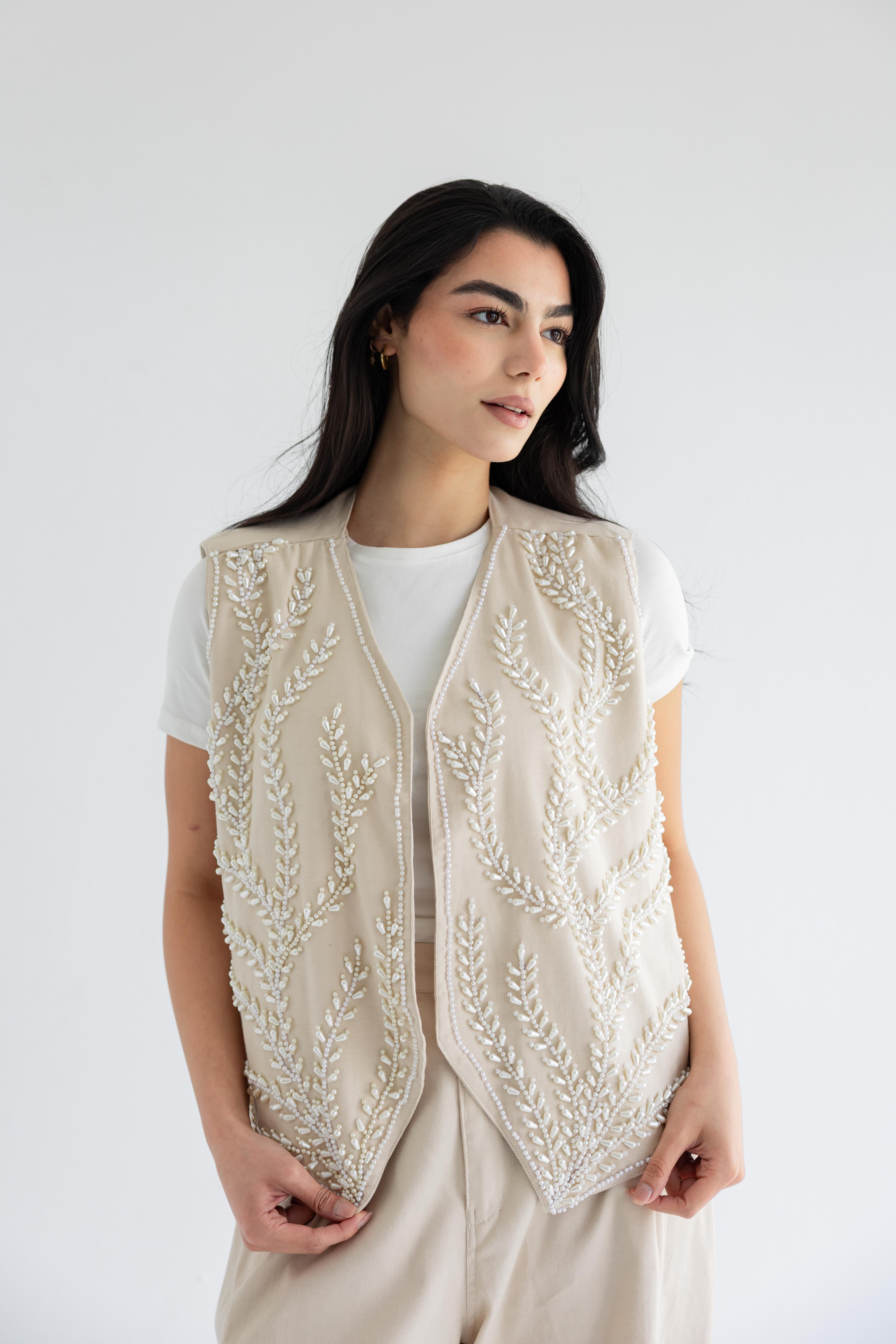 Palm-embroidered set in cotton - Beige