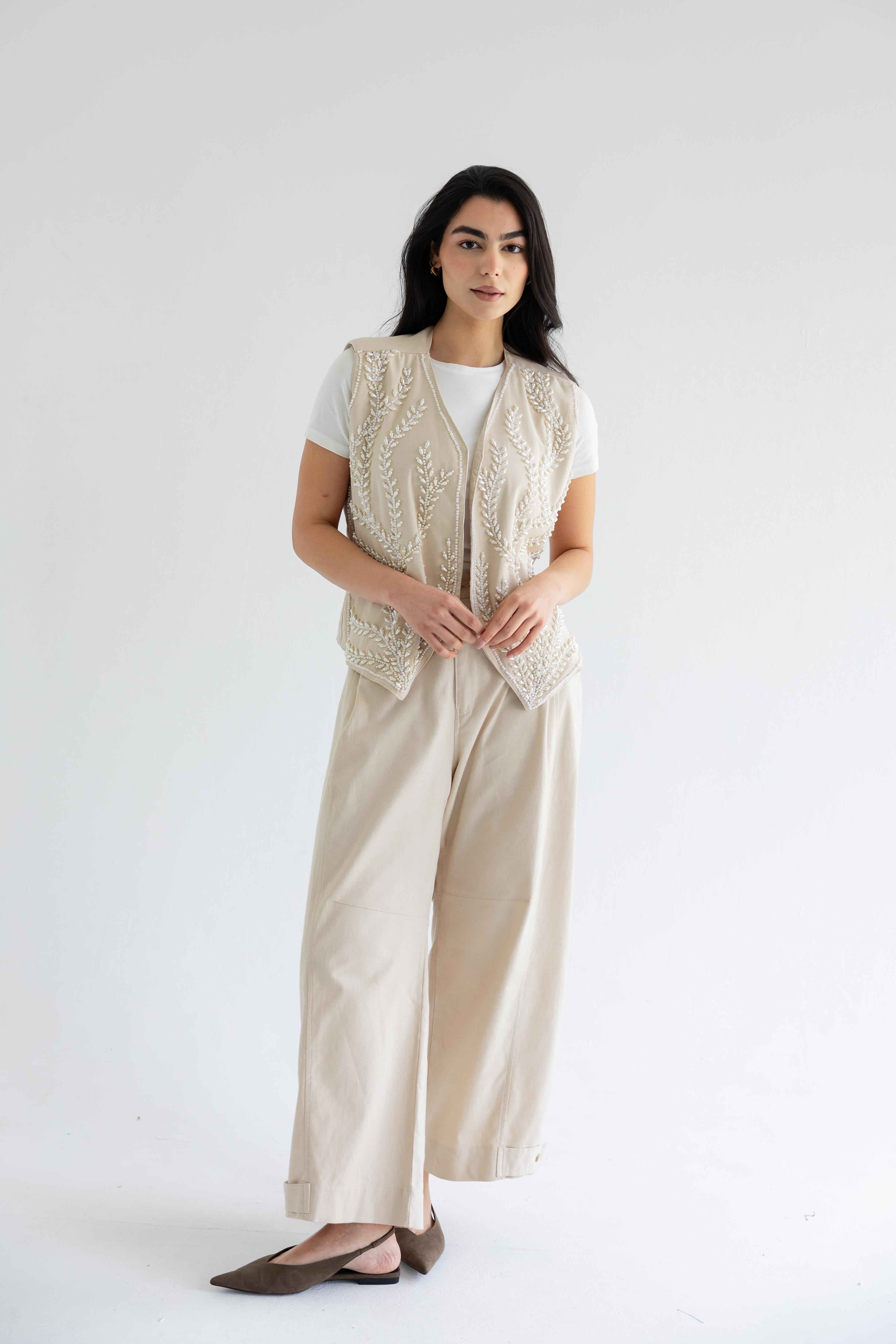 Palm-embroidered set in cotton - Beige