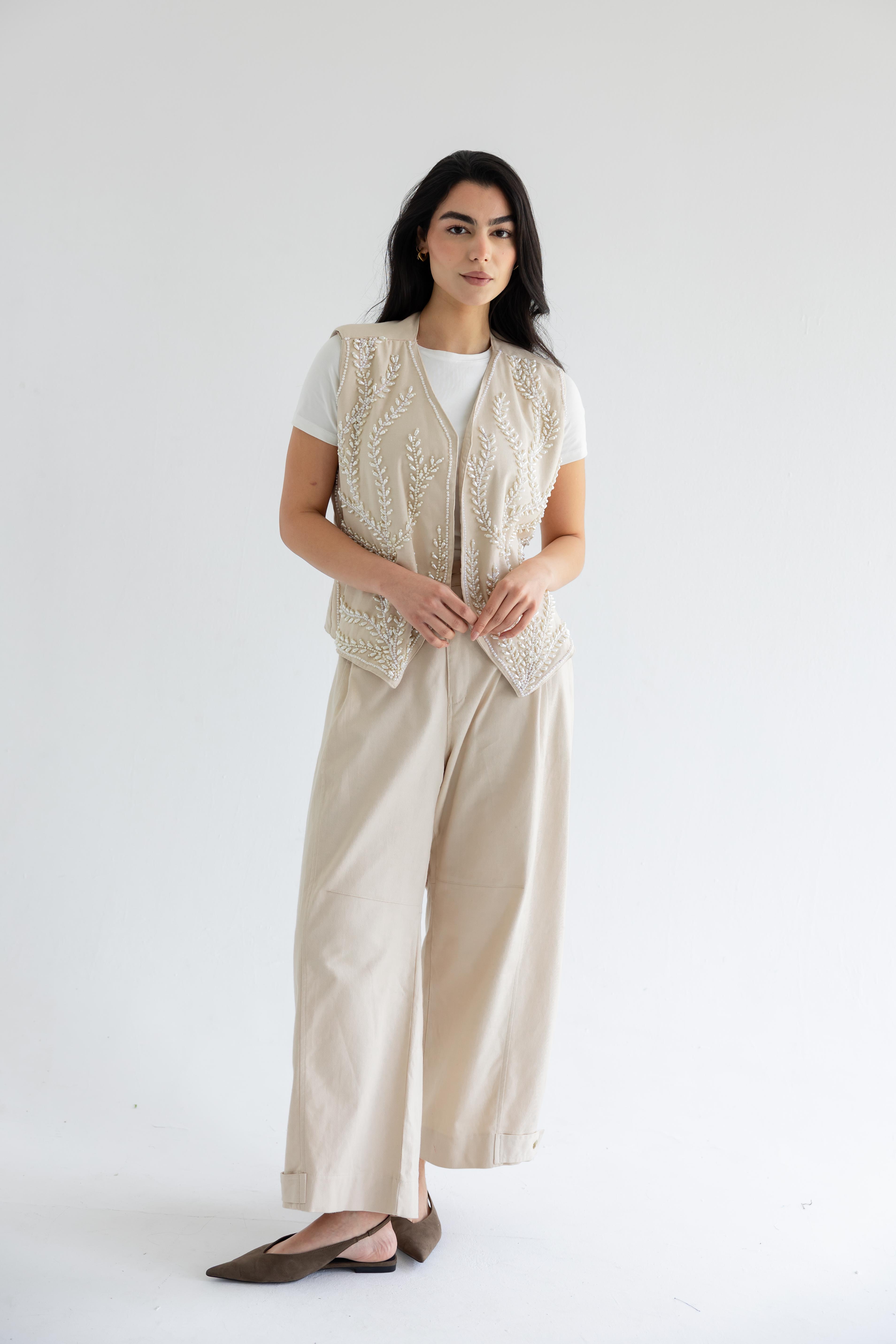 Palm-embroidered set in cotton - Beige