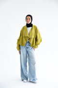 Draped open-front jacket in linen - Moss Green