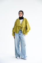 Draped open-front jacket in linen - Moss Green