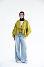 Draped open-front jacket in linen - Moss Green