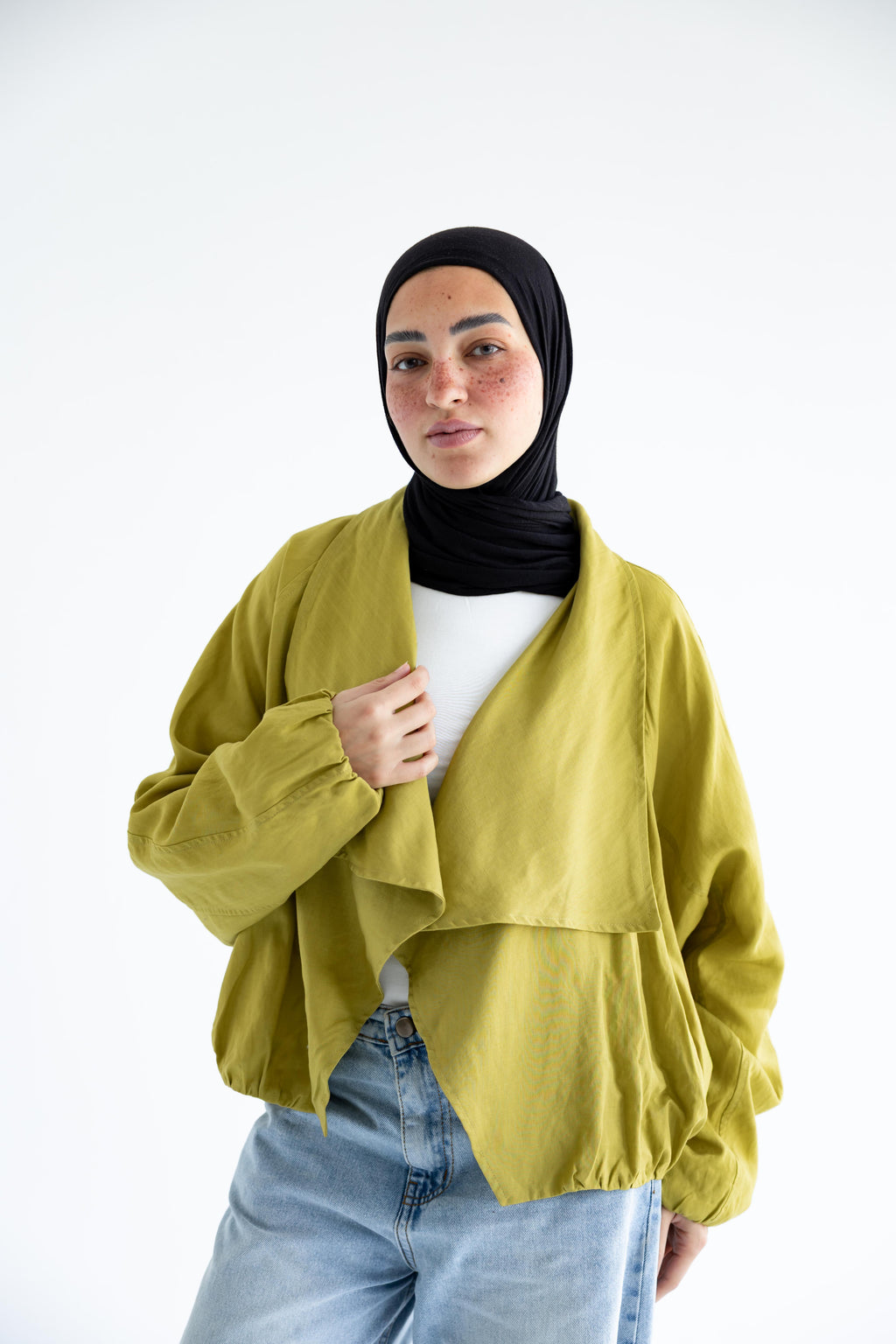Draped open-front jacket in linen - Moss Green