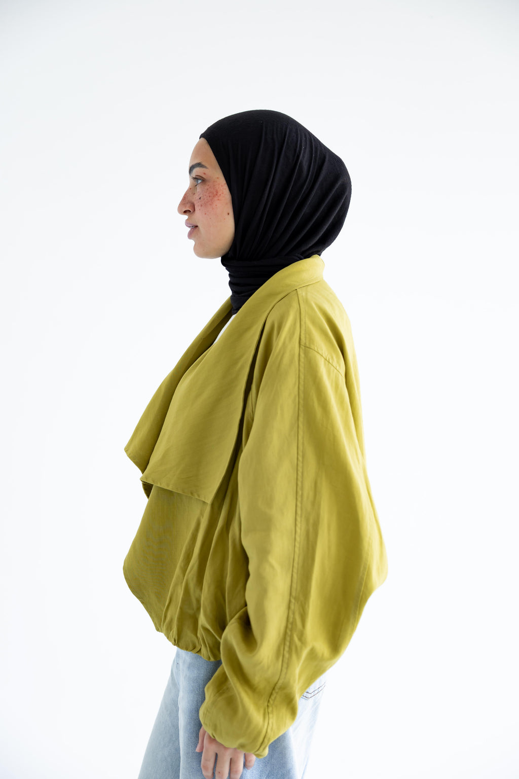 Draped open-front jacket in linen - Moss Green