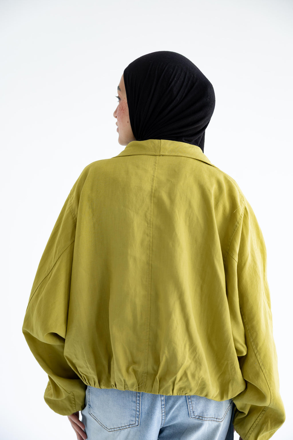 Draped open-front jacket in linen - Moss Green