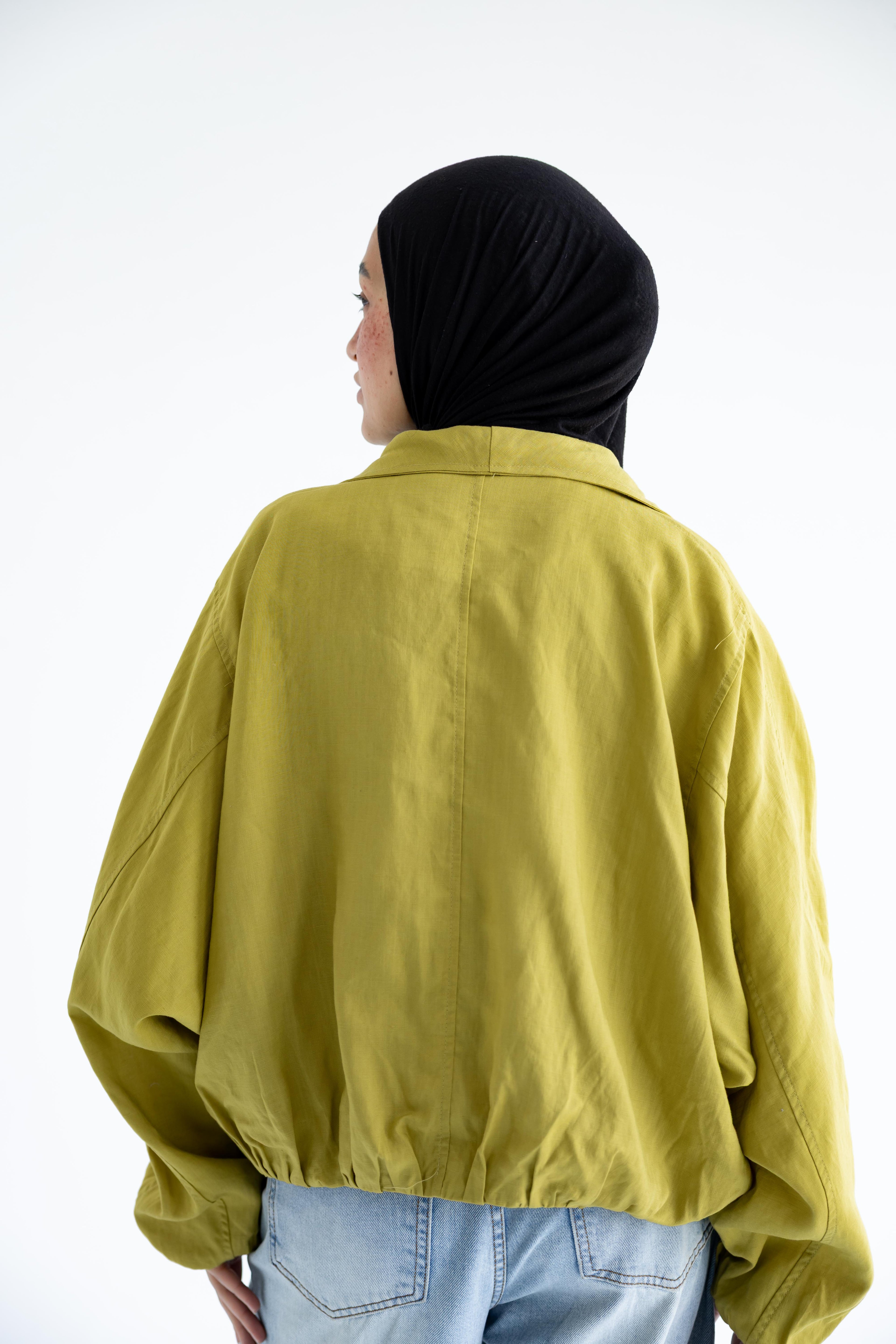 Draped open-front jacket in linen - Moss Green