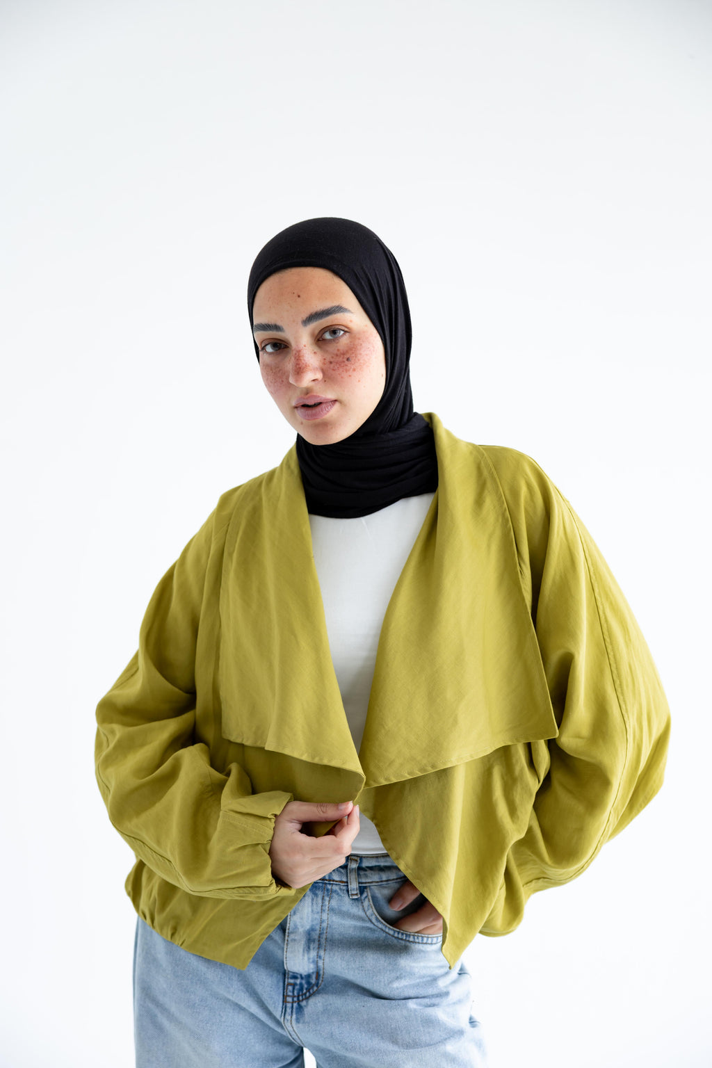 Draped open-front jacket in linen - Moss Green