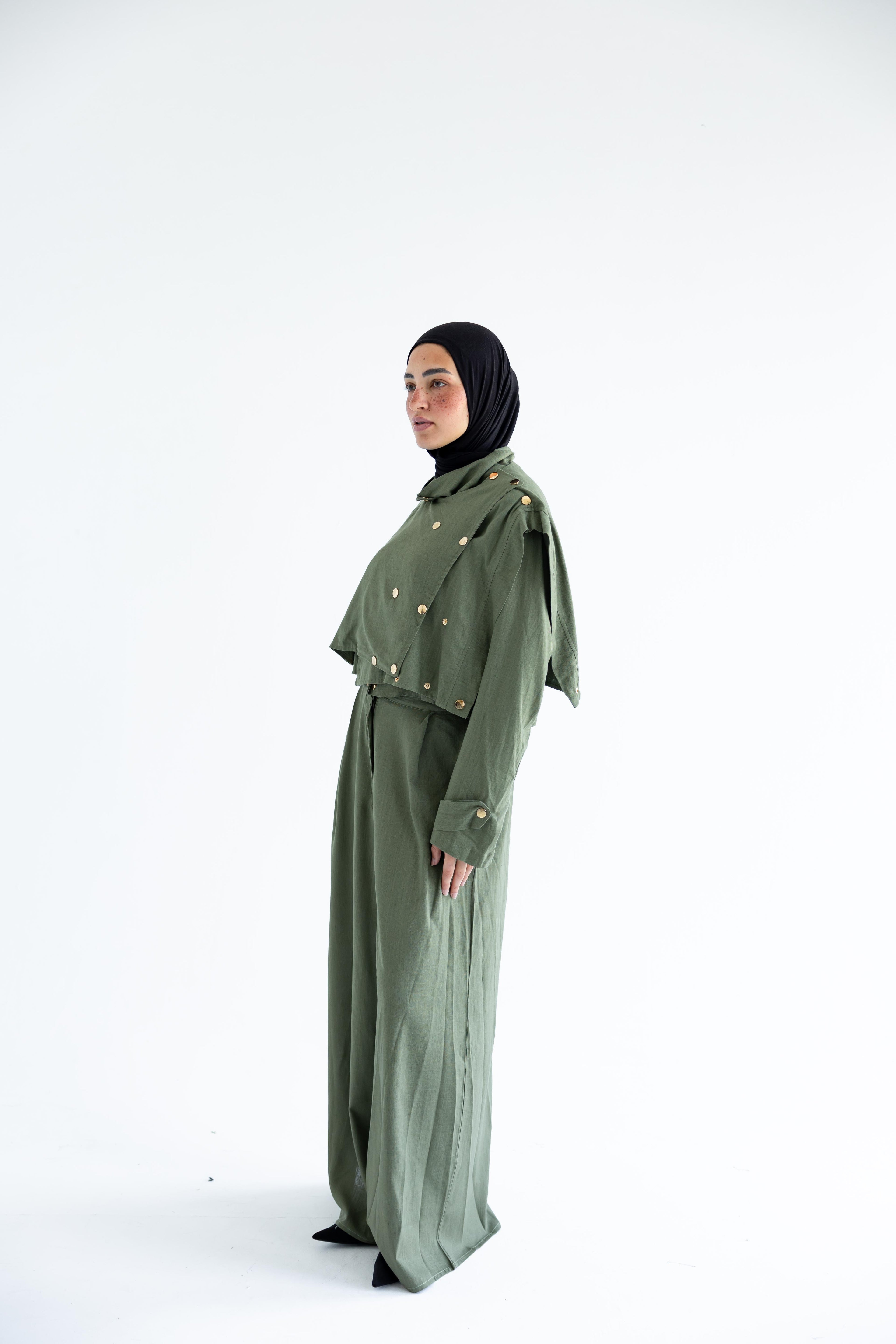 Layered modest set in linen blend – Olive green