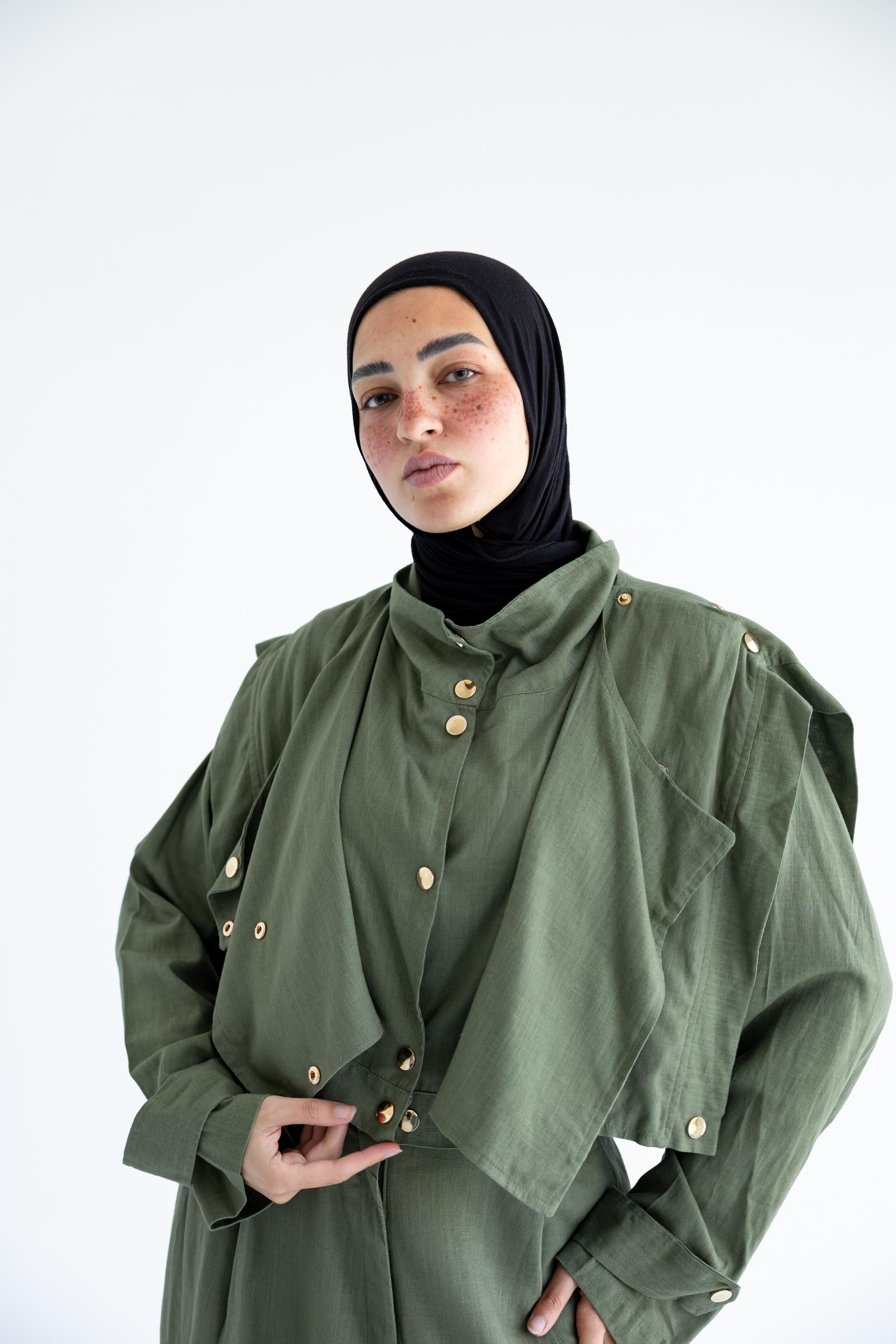 Layered modest set in linen blend – Olive green