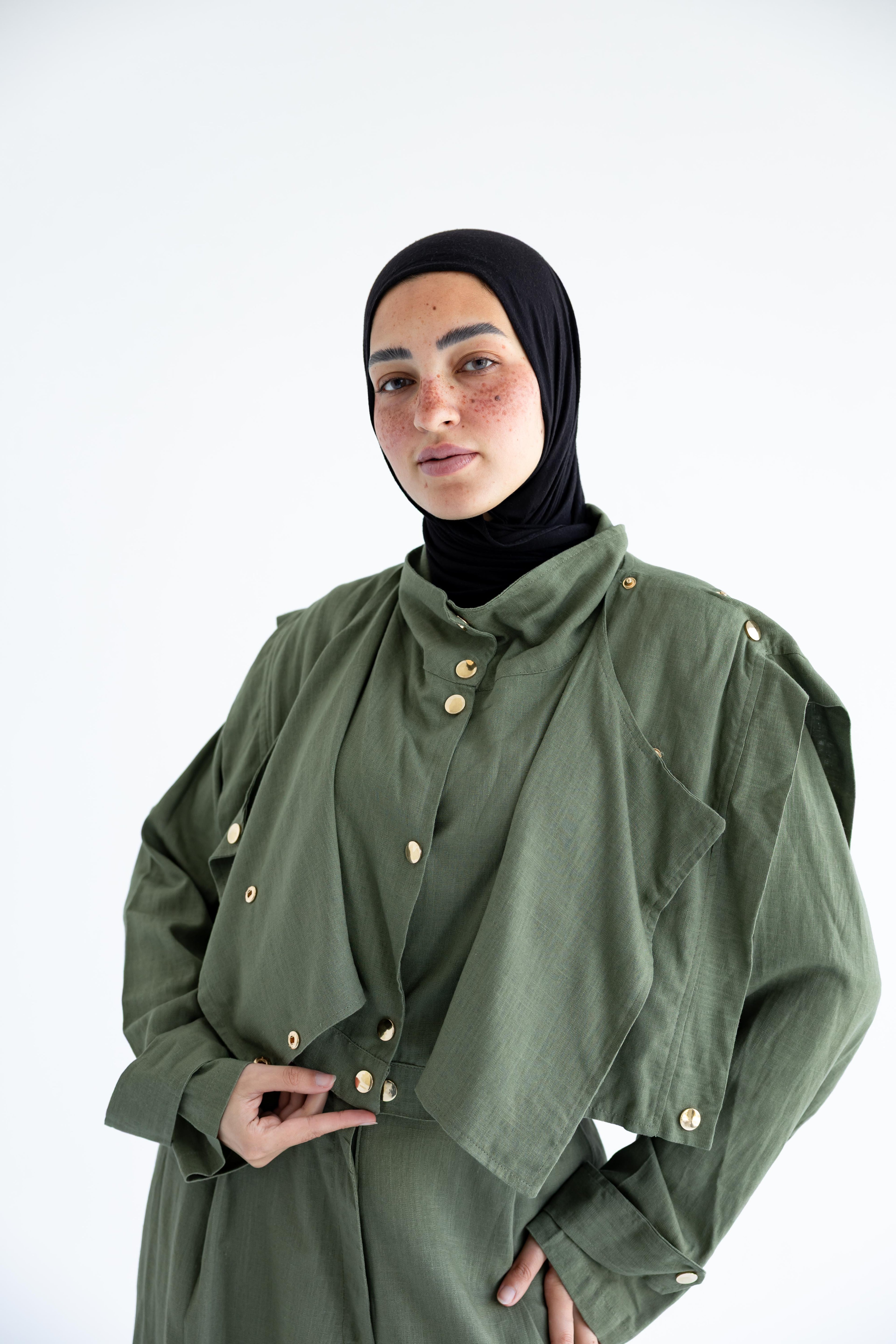 Layered modest set in linen blend – Olive green