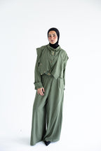 Layered modest set in linen blend – Olive green