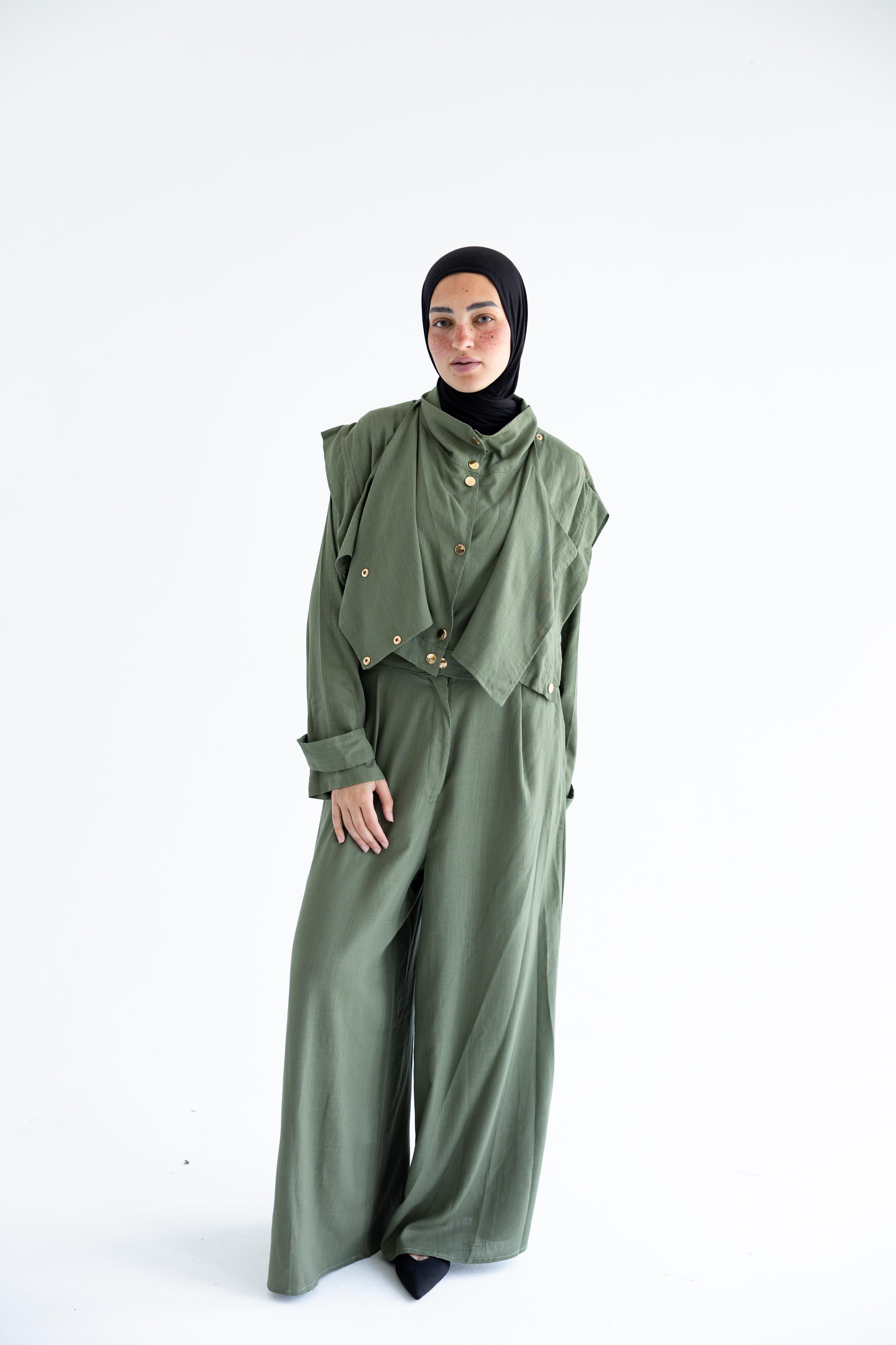 Layered modest set in linen blend – Olive green