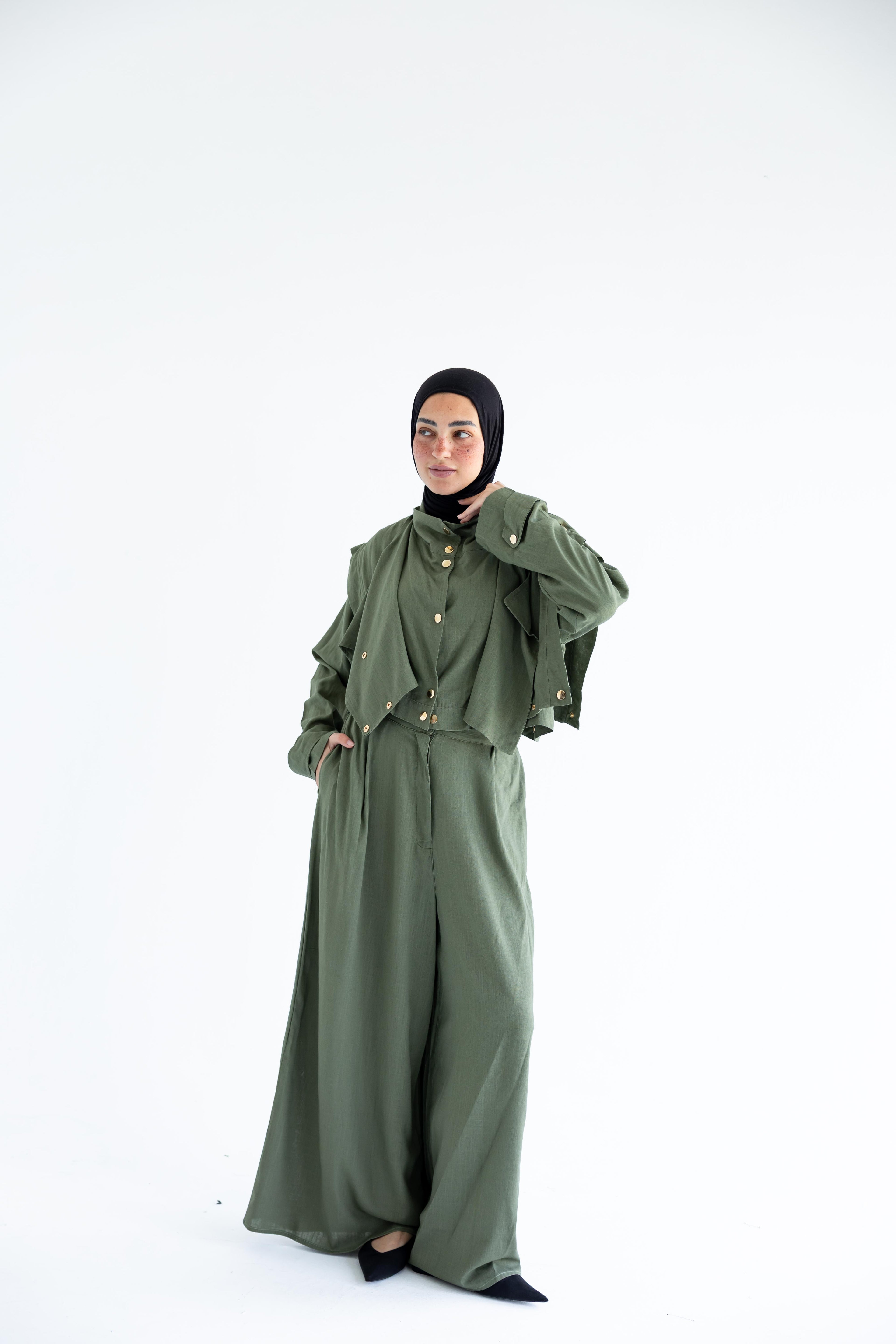 Layered modest set in linen blend – Olive green
