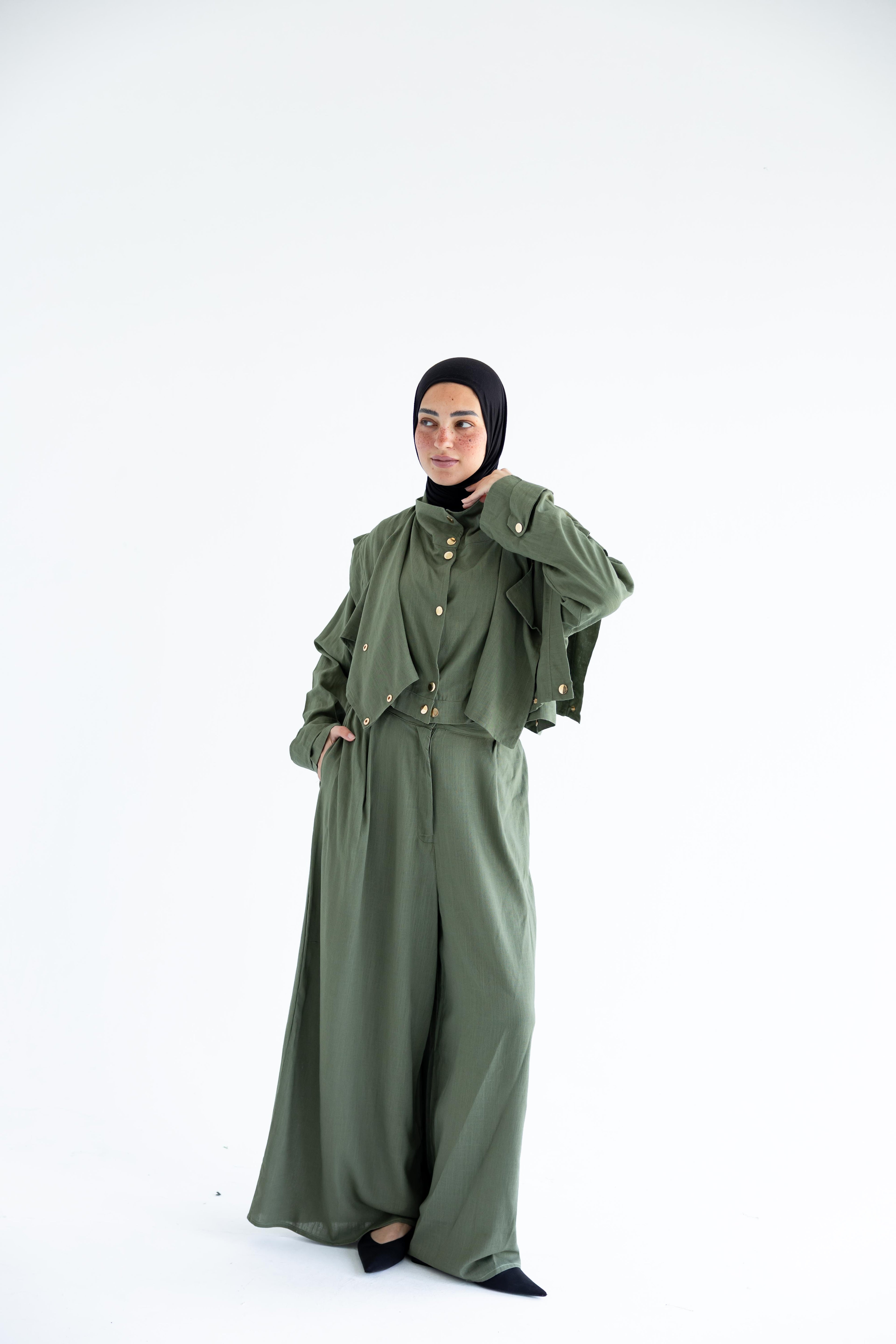 Layered modest set in linen blend – Olive green