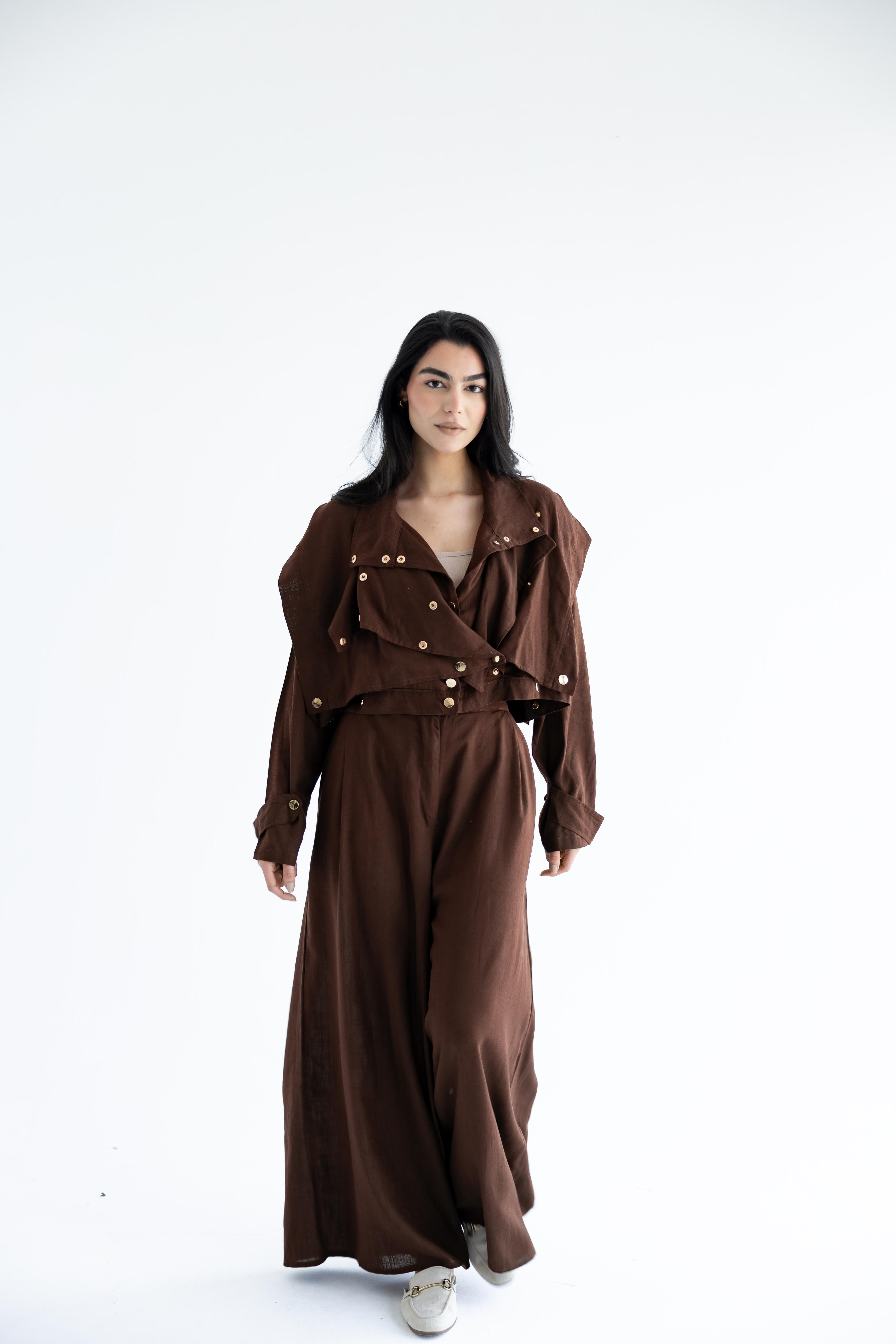 Layered modest set in linen blend – Chocolate brown