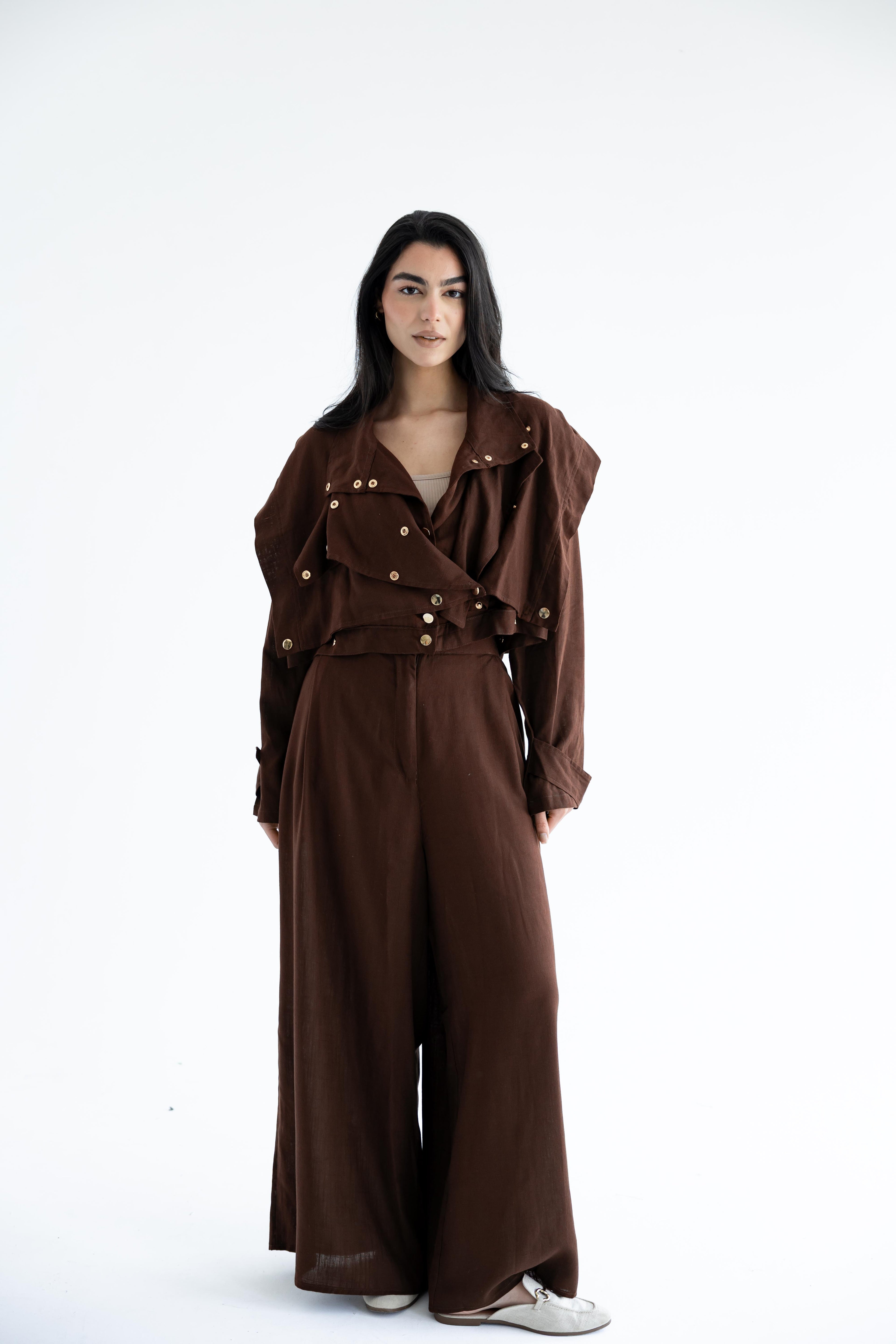 Layered modest set in linen blend – Chocolate brown