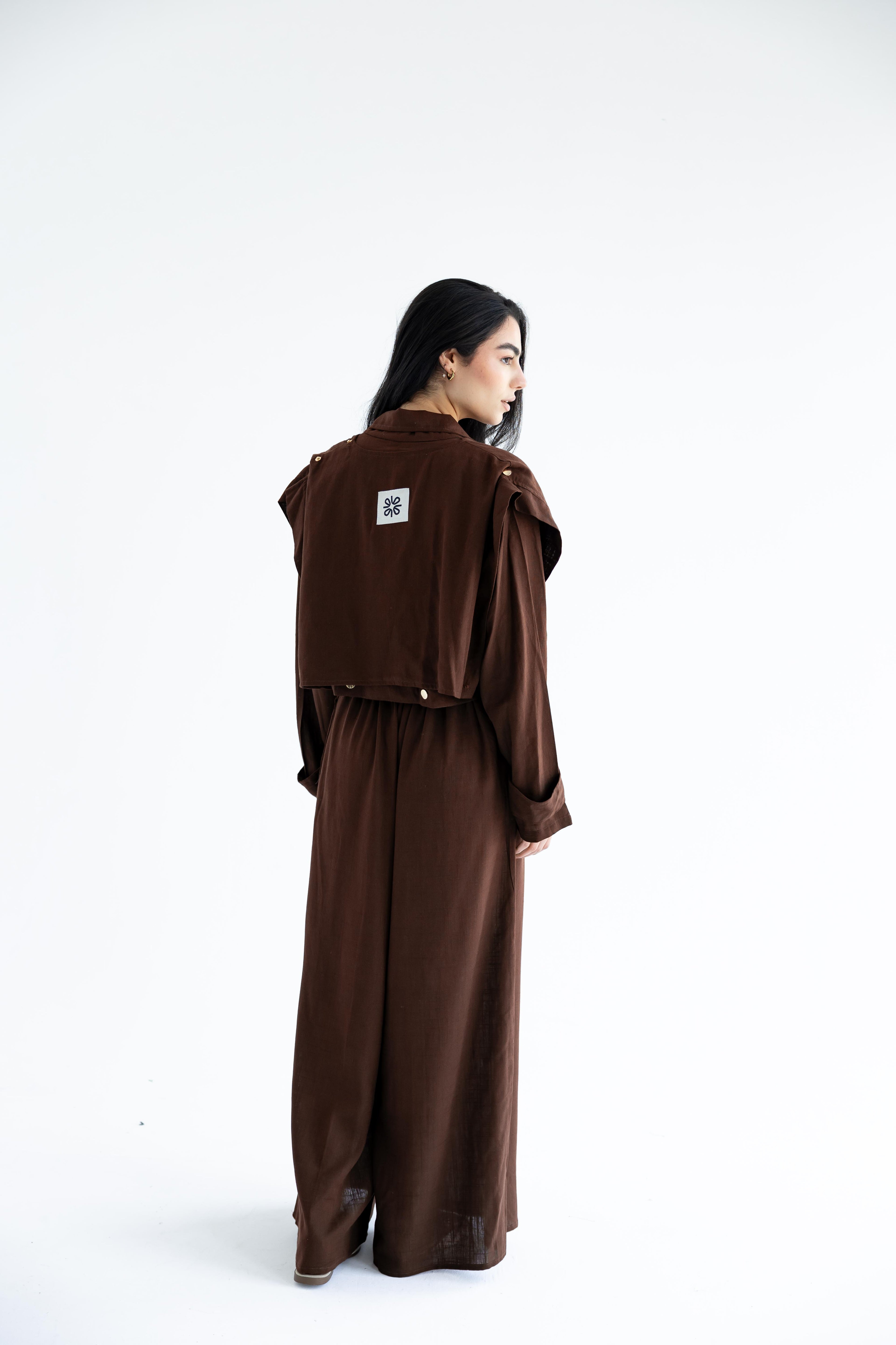 Layered modest set in linen blend – Chocolate brown