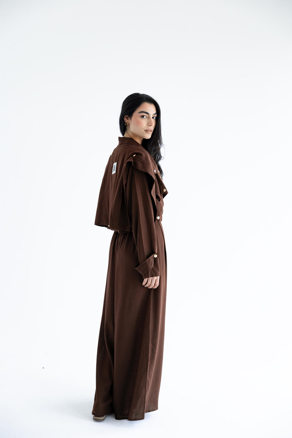 Layered modest set in linen blend – Chocolate brown