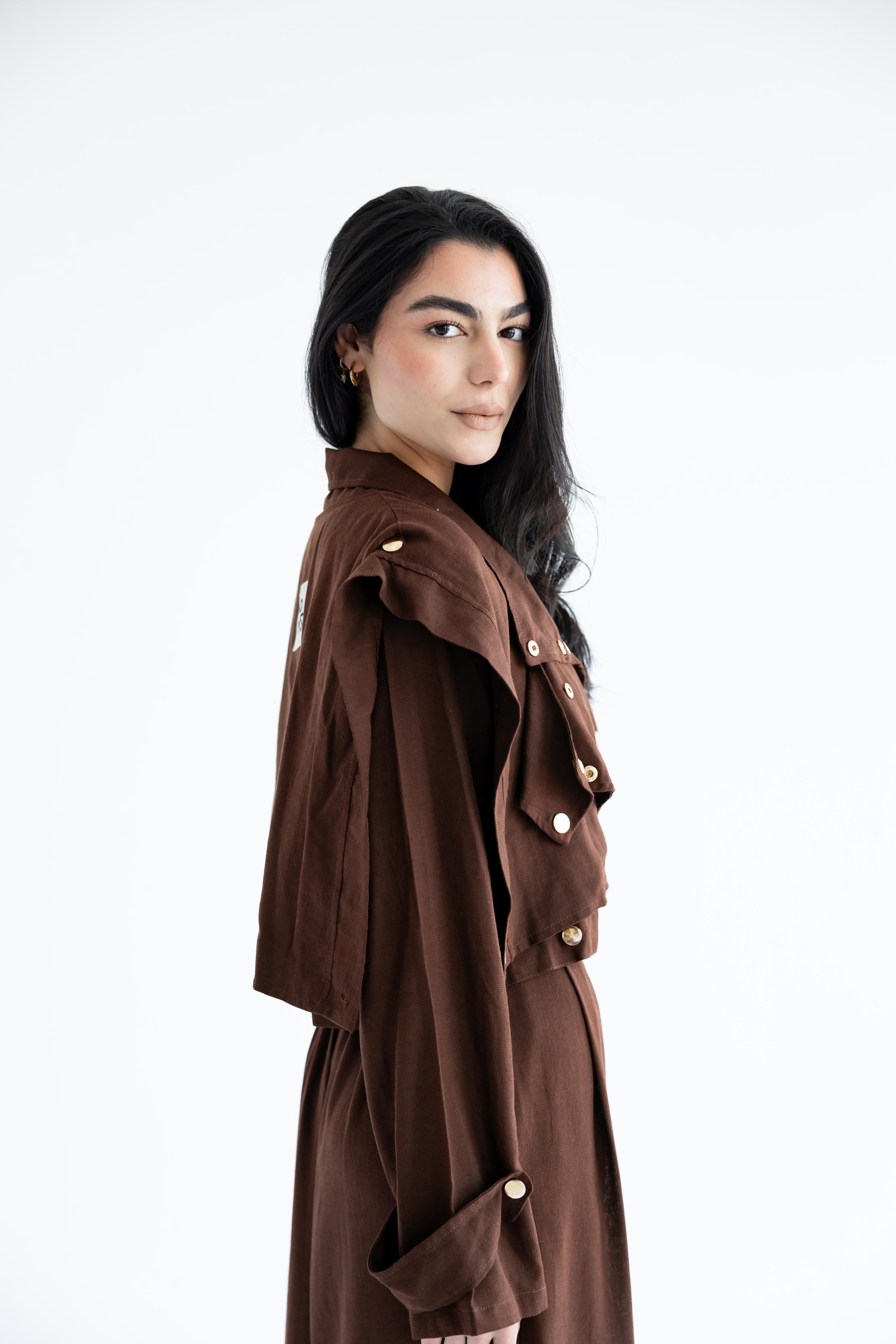 Layered modest set in linen blend – Chocolate brown