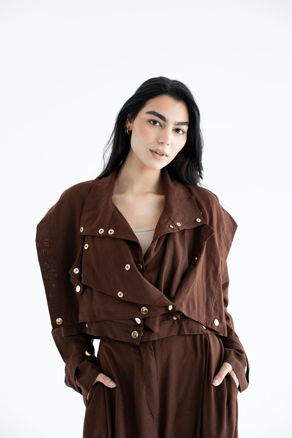 Layered modest set in linen blend – Chocolate brown