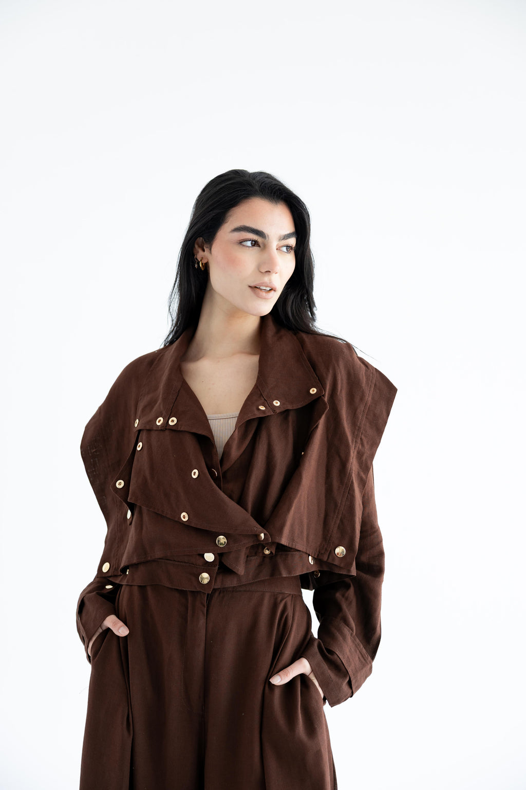 Layered modest set in linen blend – Chocolate brown