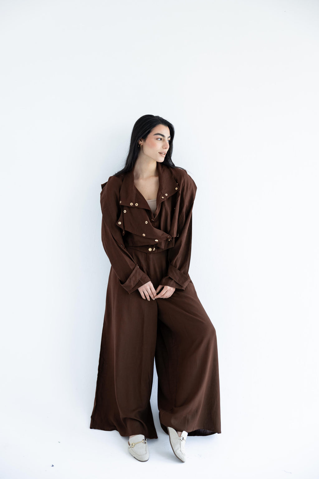 Layered modest set in linen blend – Chocolate brown