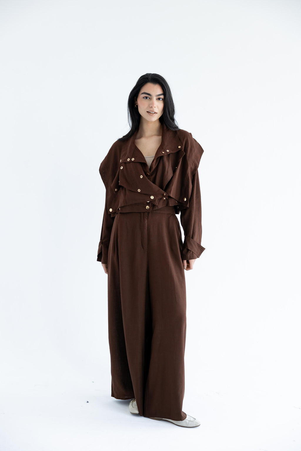 Layered modest set in linen blend – Chocolate brown
