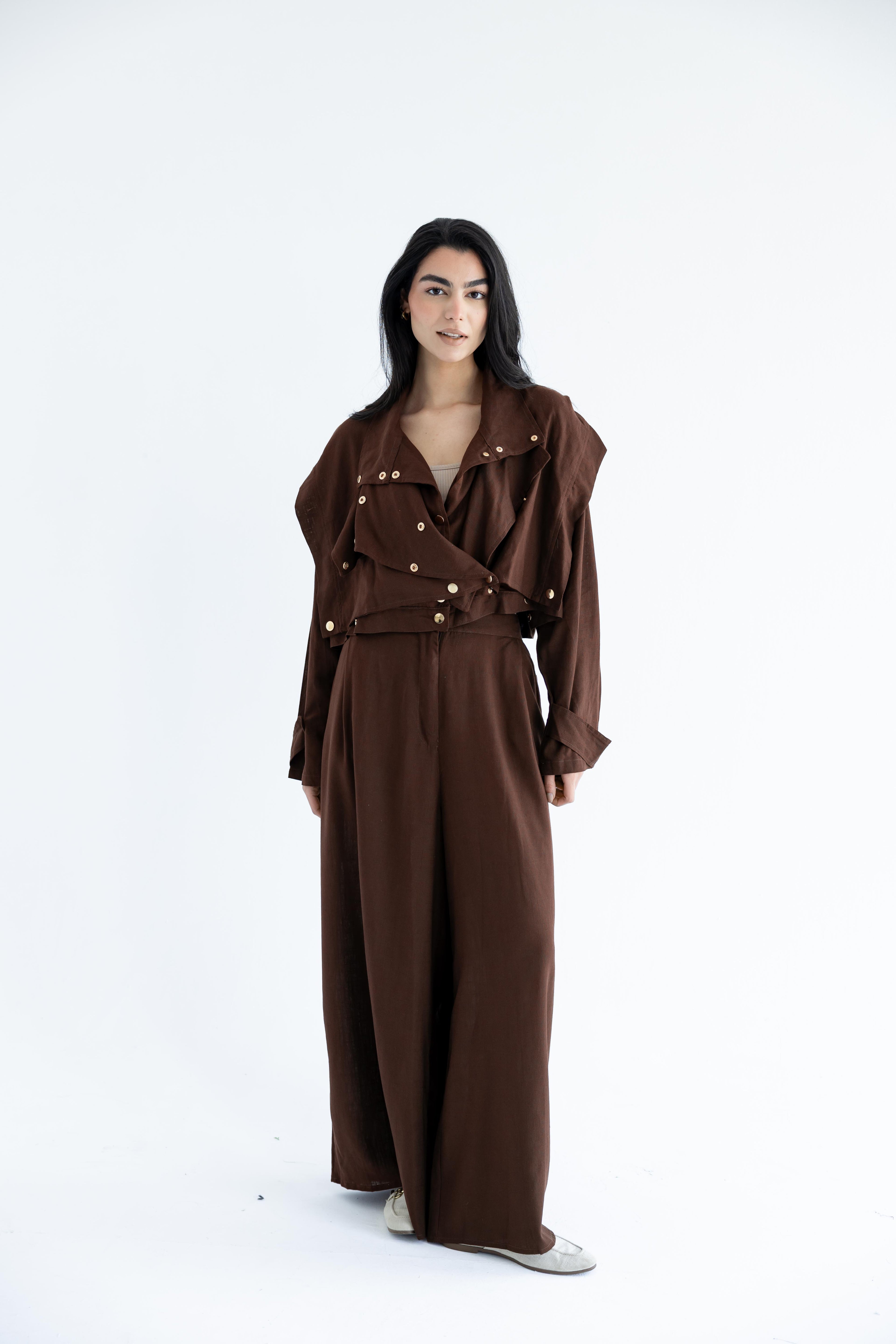Layered modest set in linen blend – Chocolate brown
