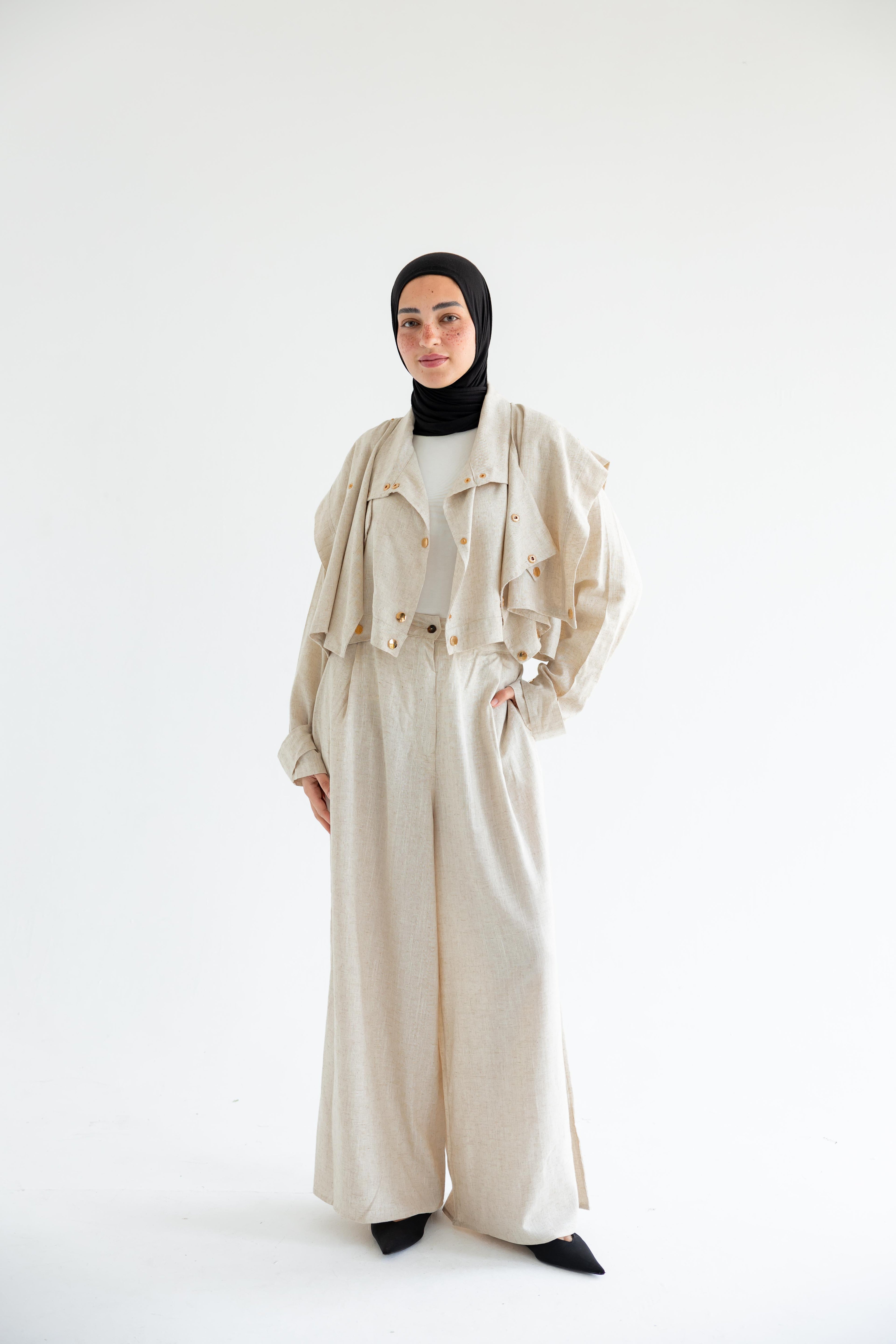 Layered modest set in linen blend – Beige