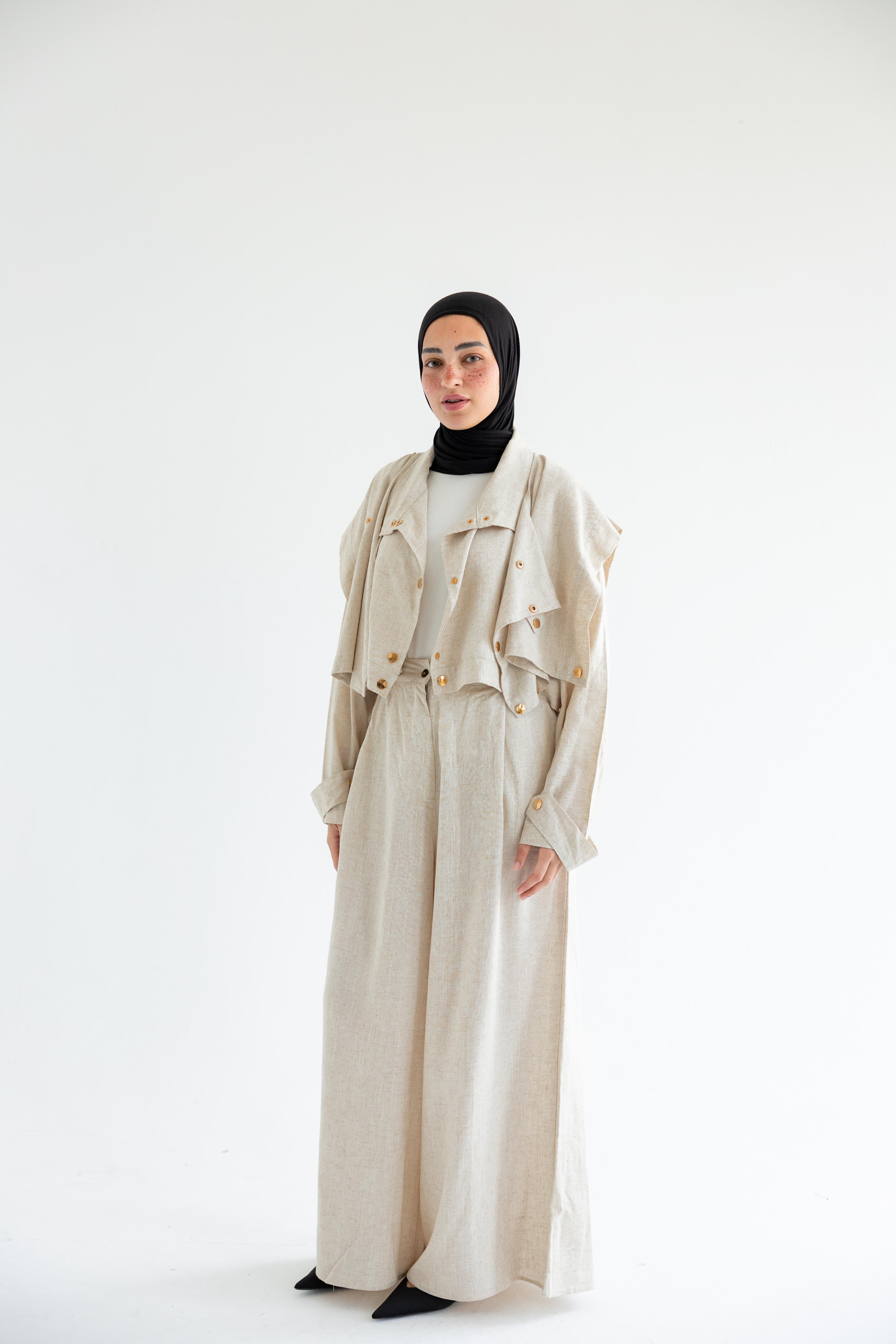 Layered modest set in linen blend – Beige