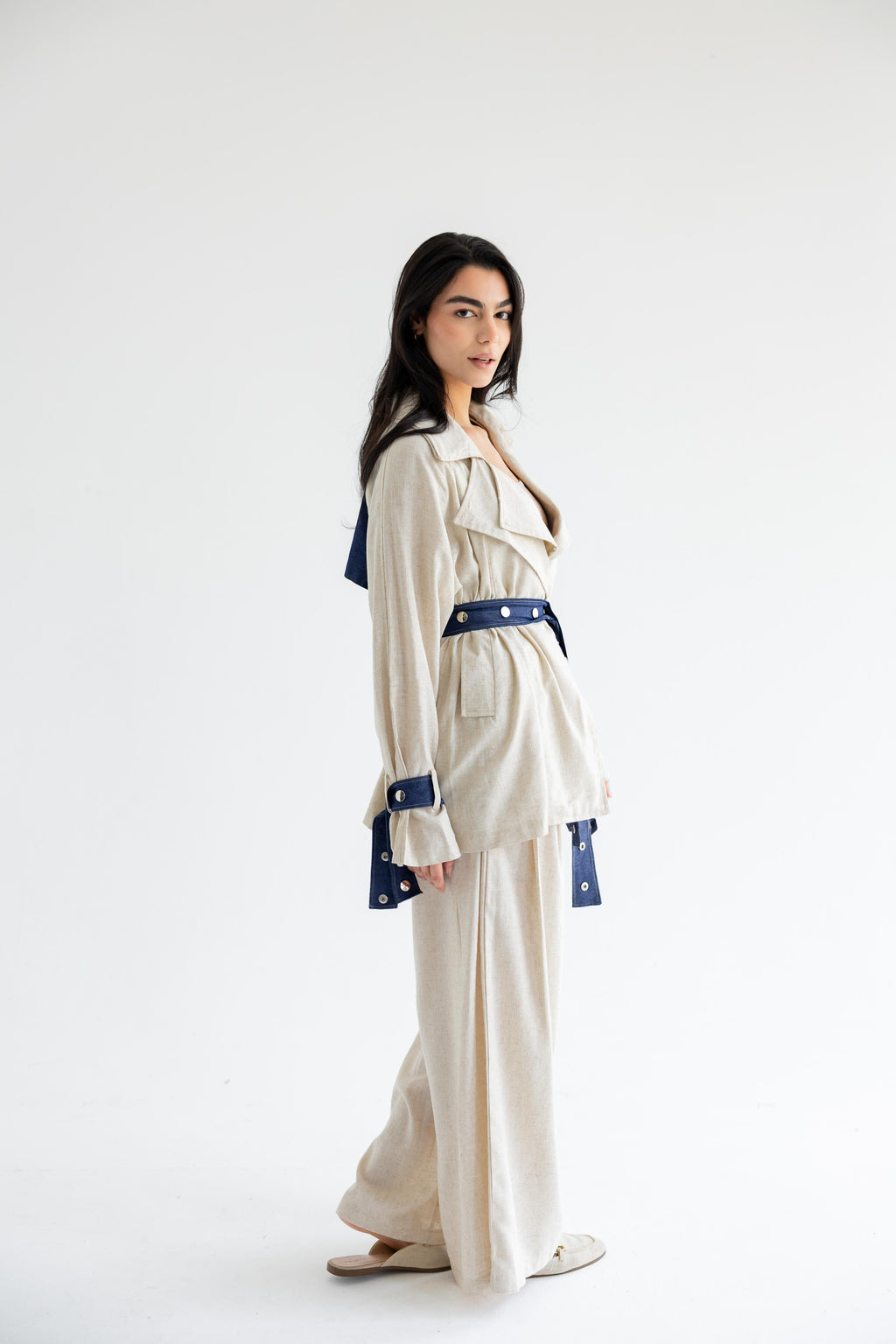 Linen & Denim Belted Set – Beige
