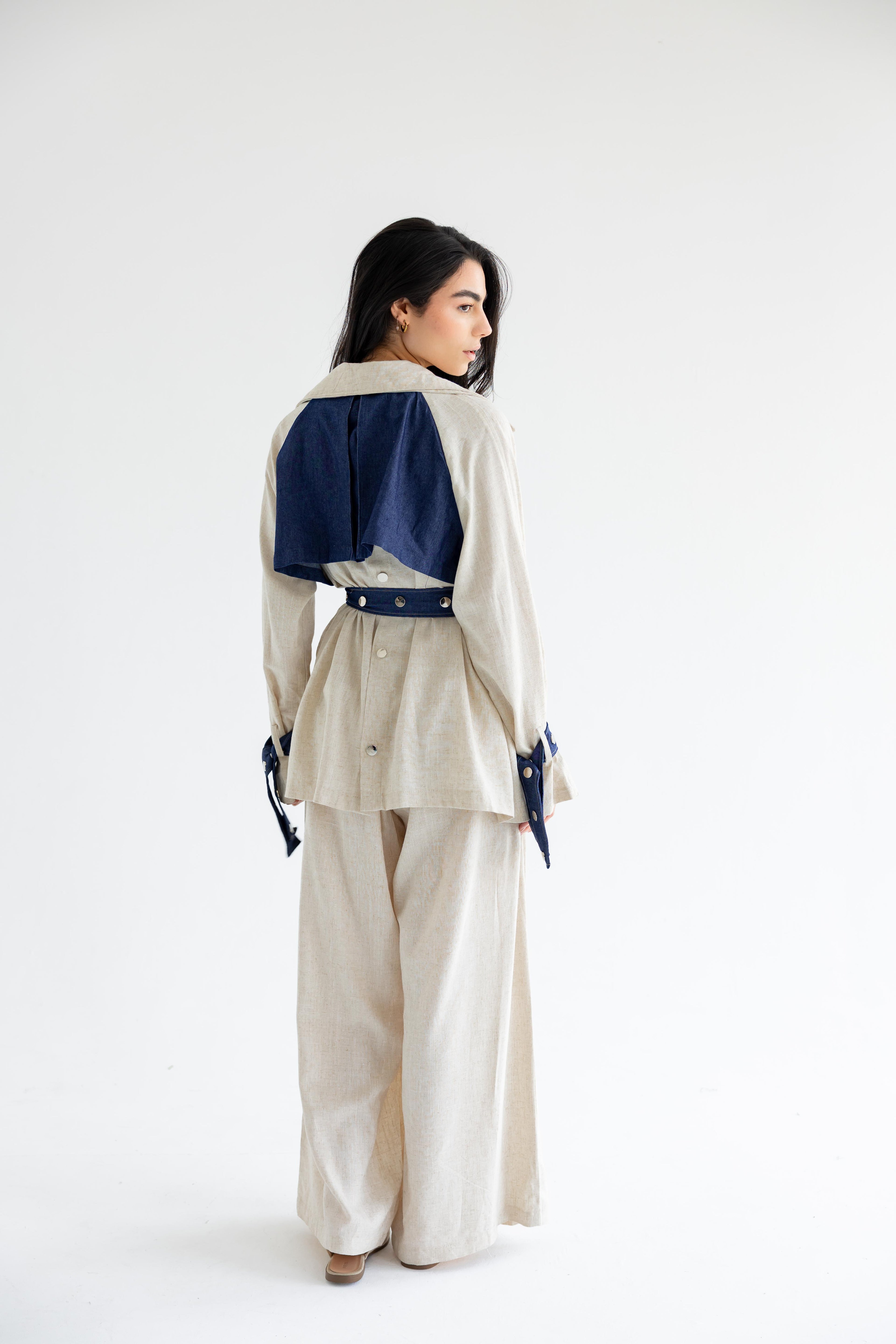 Linen & Denim Belted Set – Beige