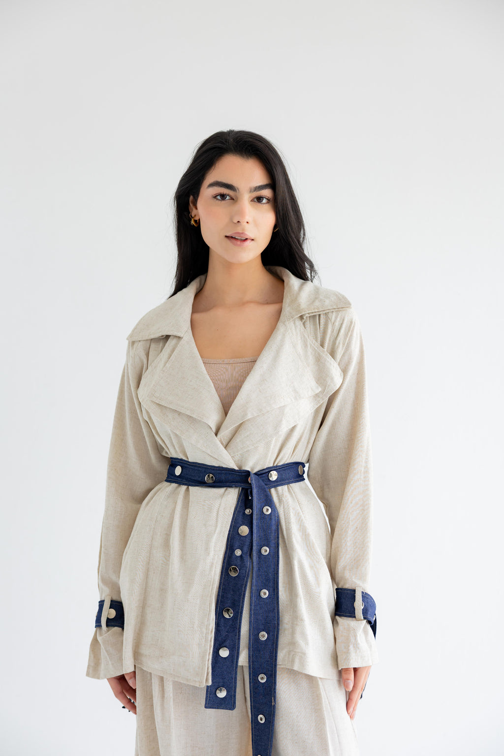 Linen & Denim Belted Set – Beige
