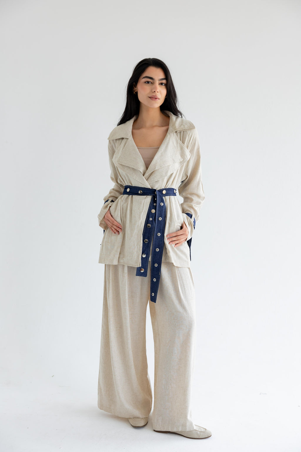 Linen & Denim Belted Set – Beige