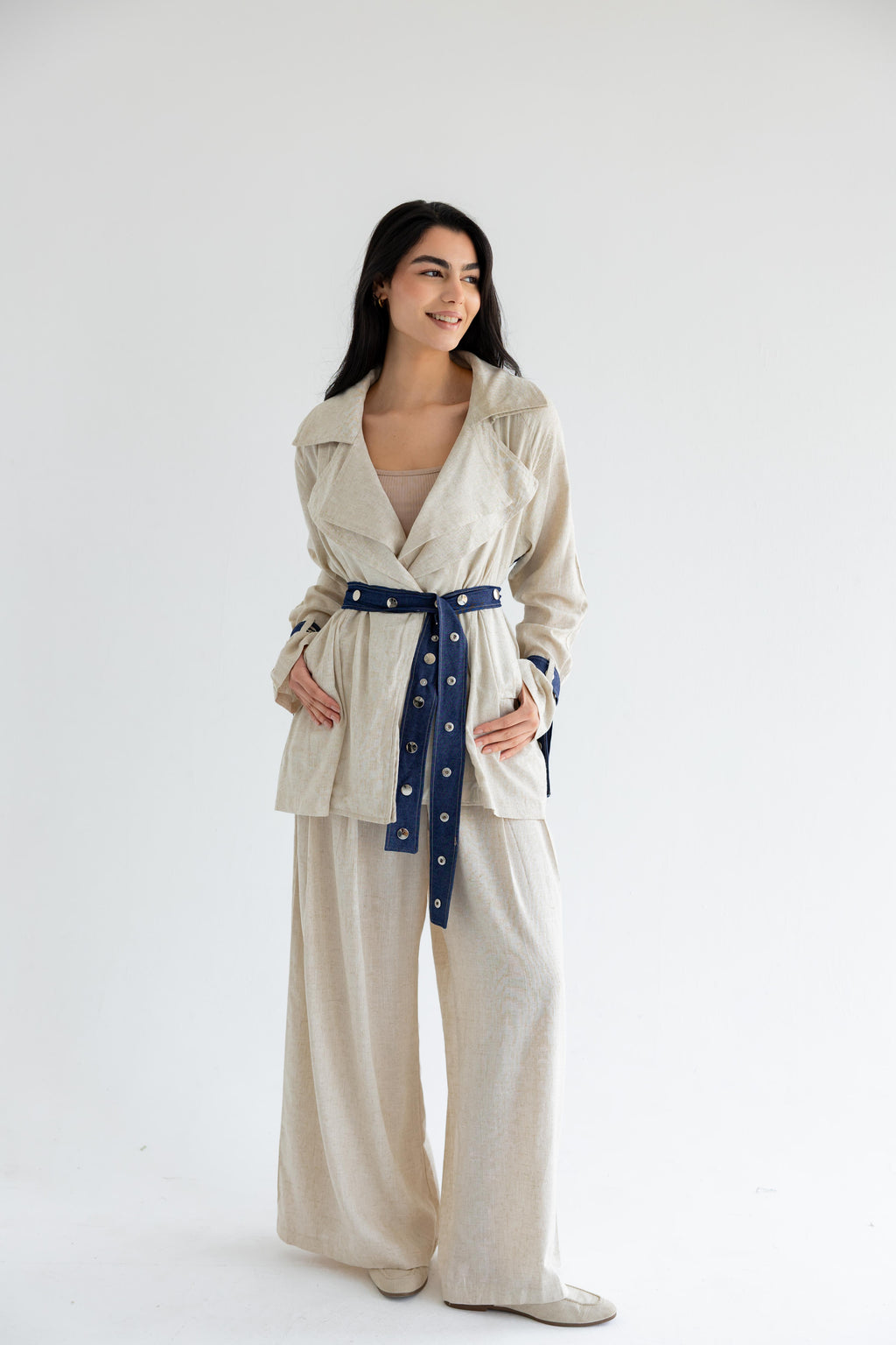 Linen & Denim Belted Set – Beige