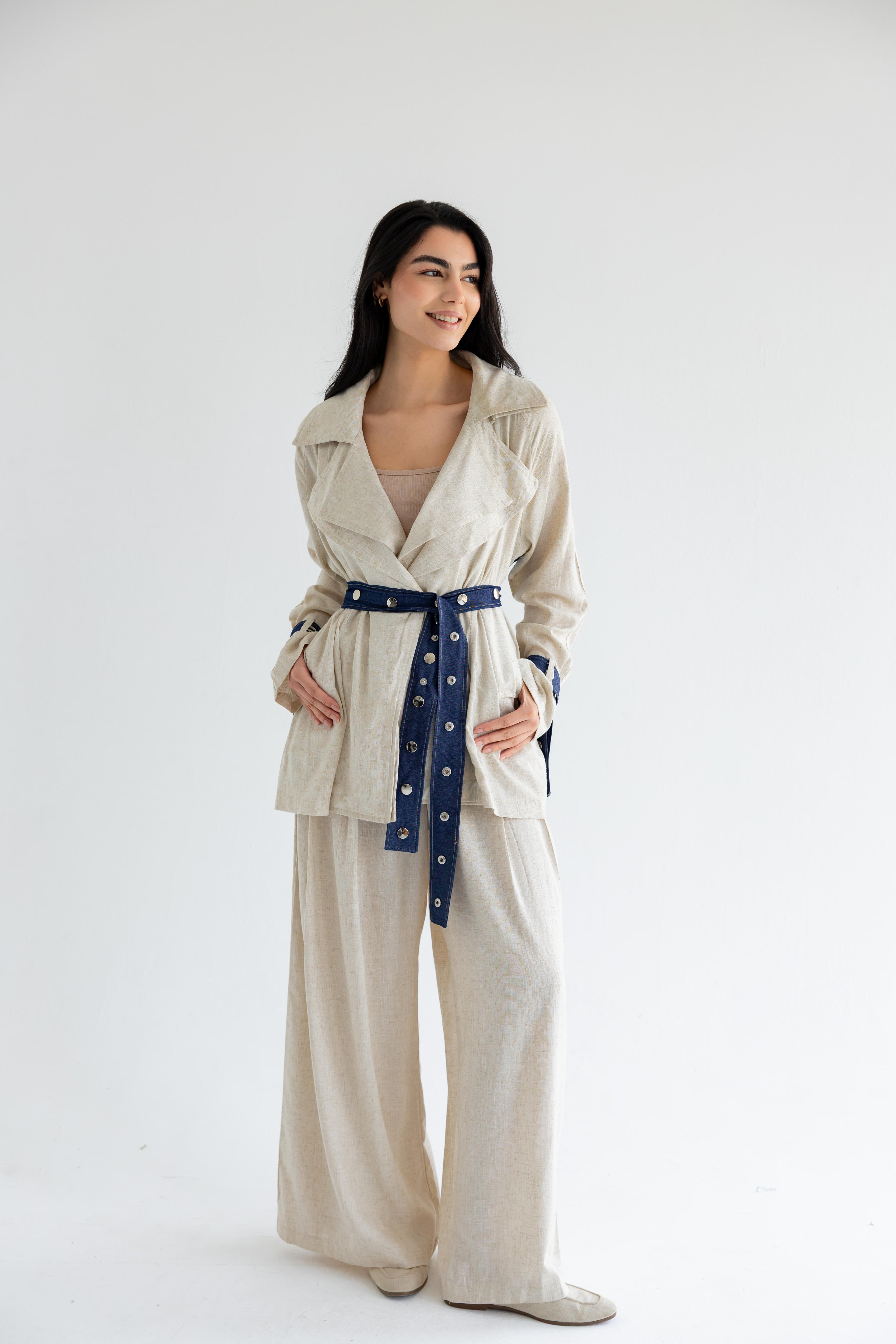 Linen & Denim Belted Set – Beige