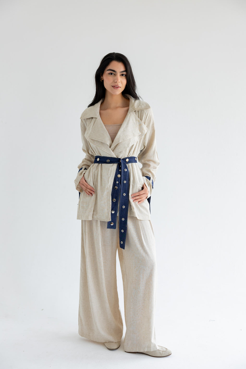 Linen & Denim Belted Set – Beige